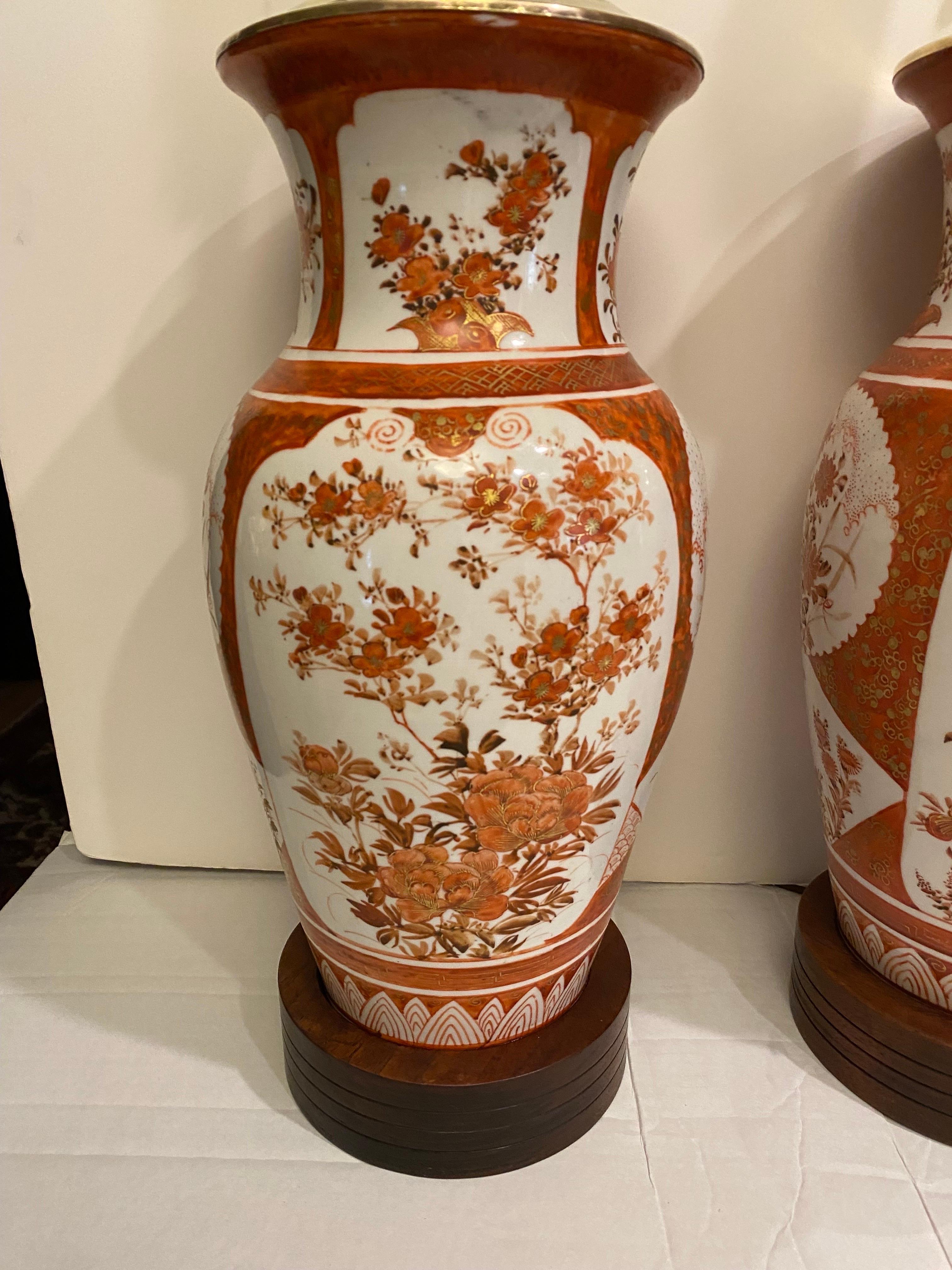 Japanese A Pair of 19 Century Meiji. Hand Painted Kutani Porcelain Lamps.