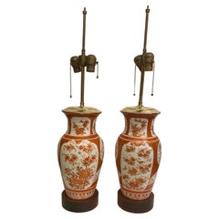 Antique A Pair of 19 Century Meiji. Hand Painted Kutani Porcelain Lamps.
