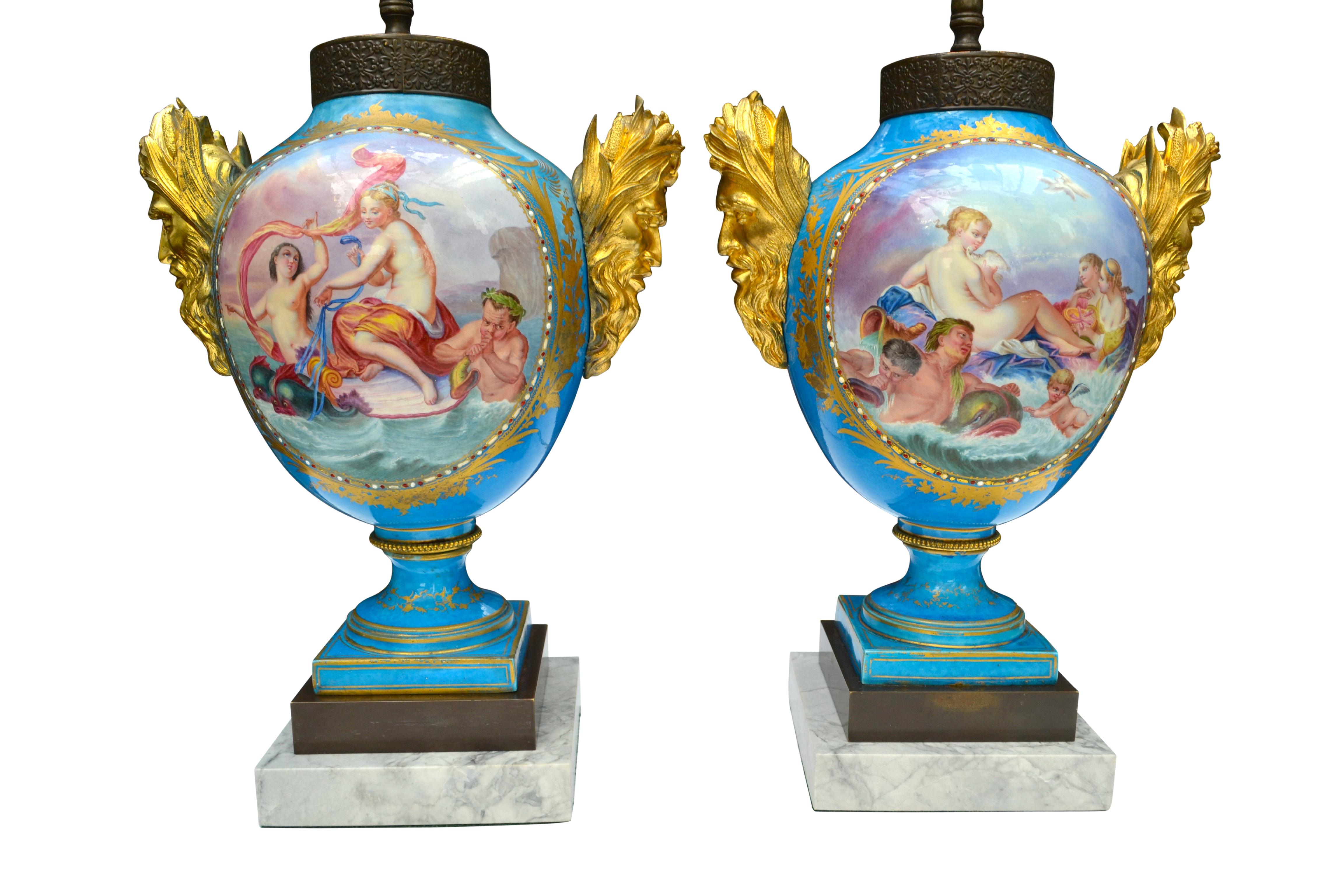 Porcelain Pair of 19th Century Sèvres and Gilt Bronze Baluster Vase Lamps