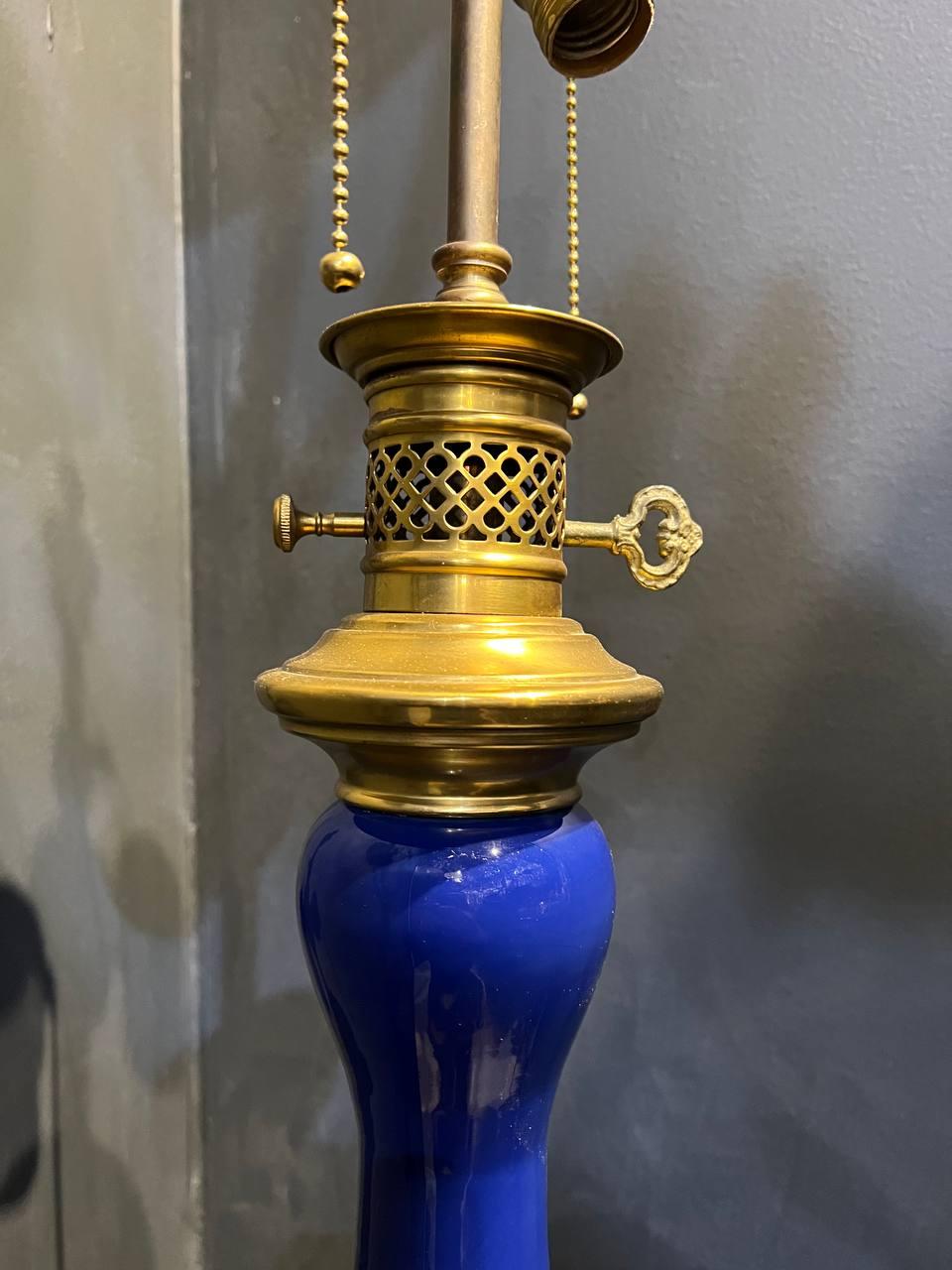 Pair of 1920 French Glazed Porcelain Blue Table Lamps  In Good Condition For Sale In New York, NY