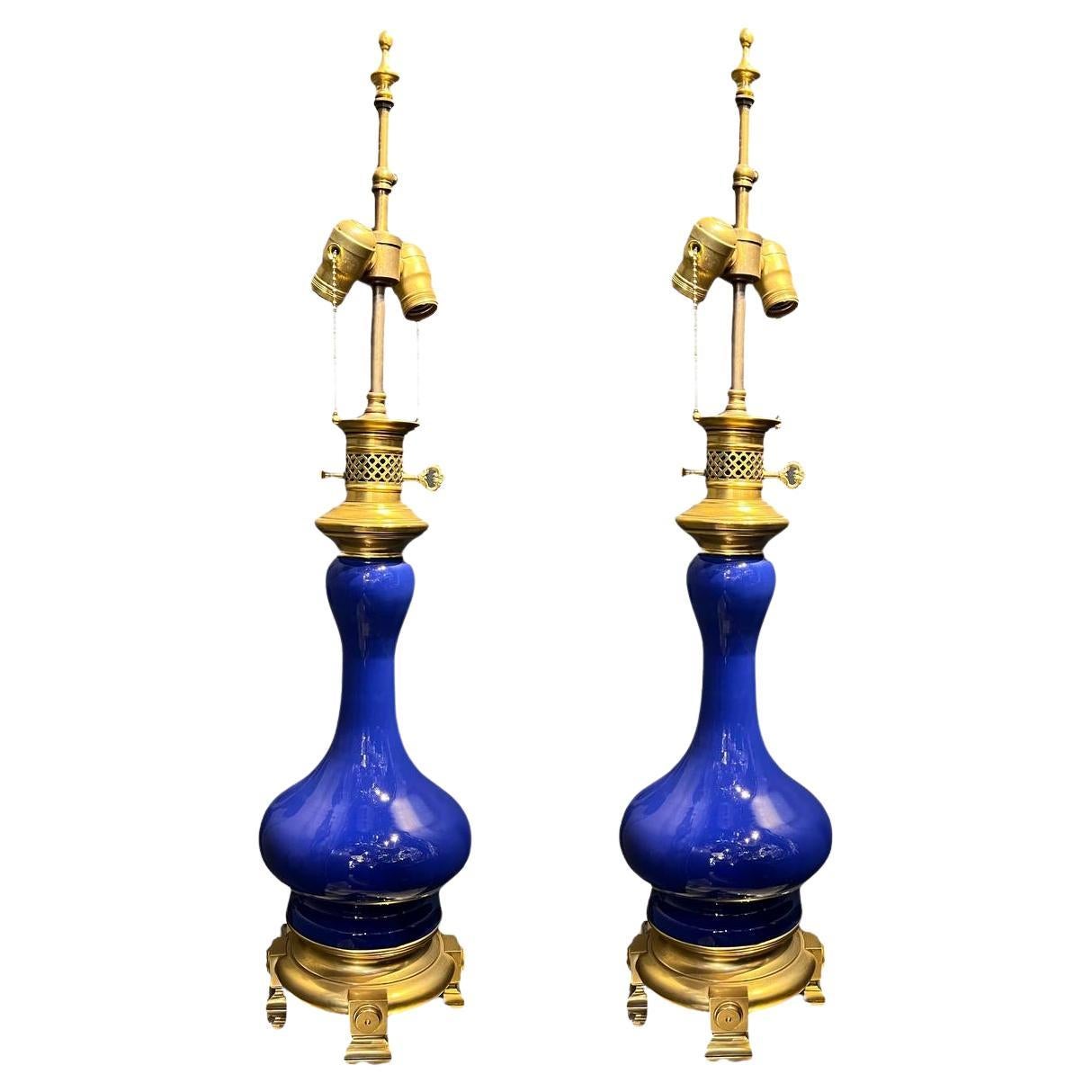 Pair of 1920 French Glazed Porcelain Blue Table Lamps 