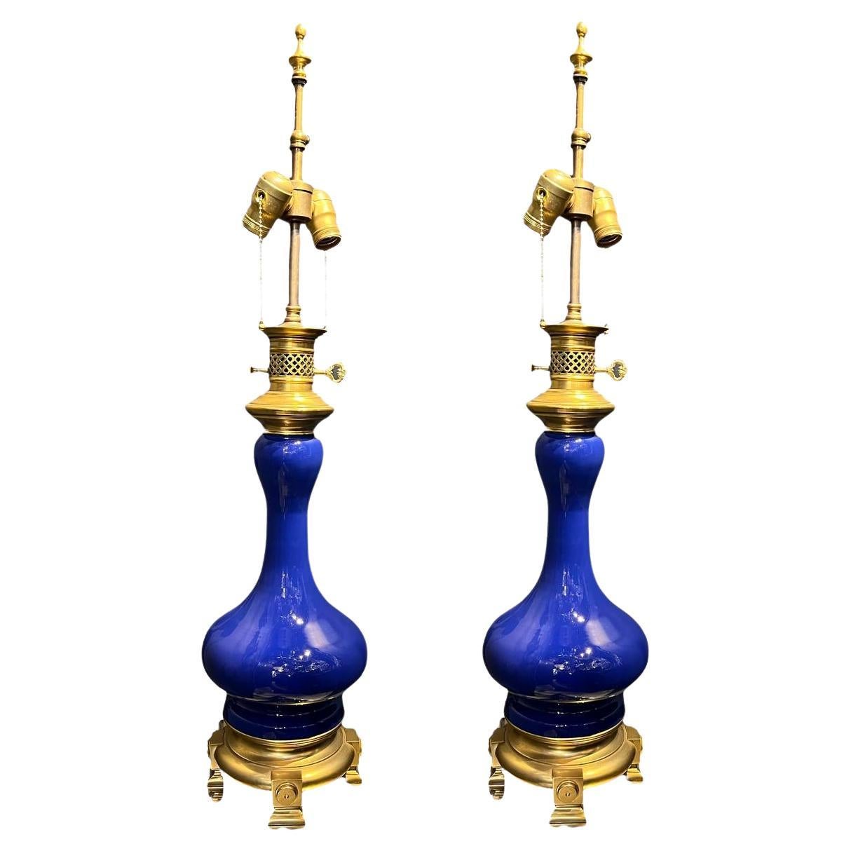1920 French Glazed Porcelain Blue Table Lamps