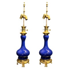 Pair of 1920 French Glazed Porcelain Blue Table Lamps 