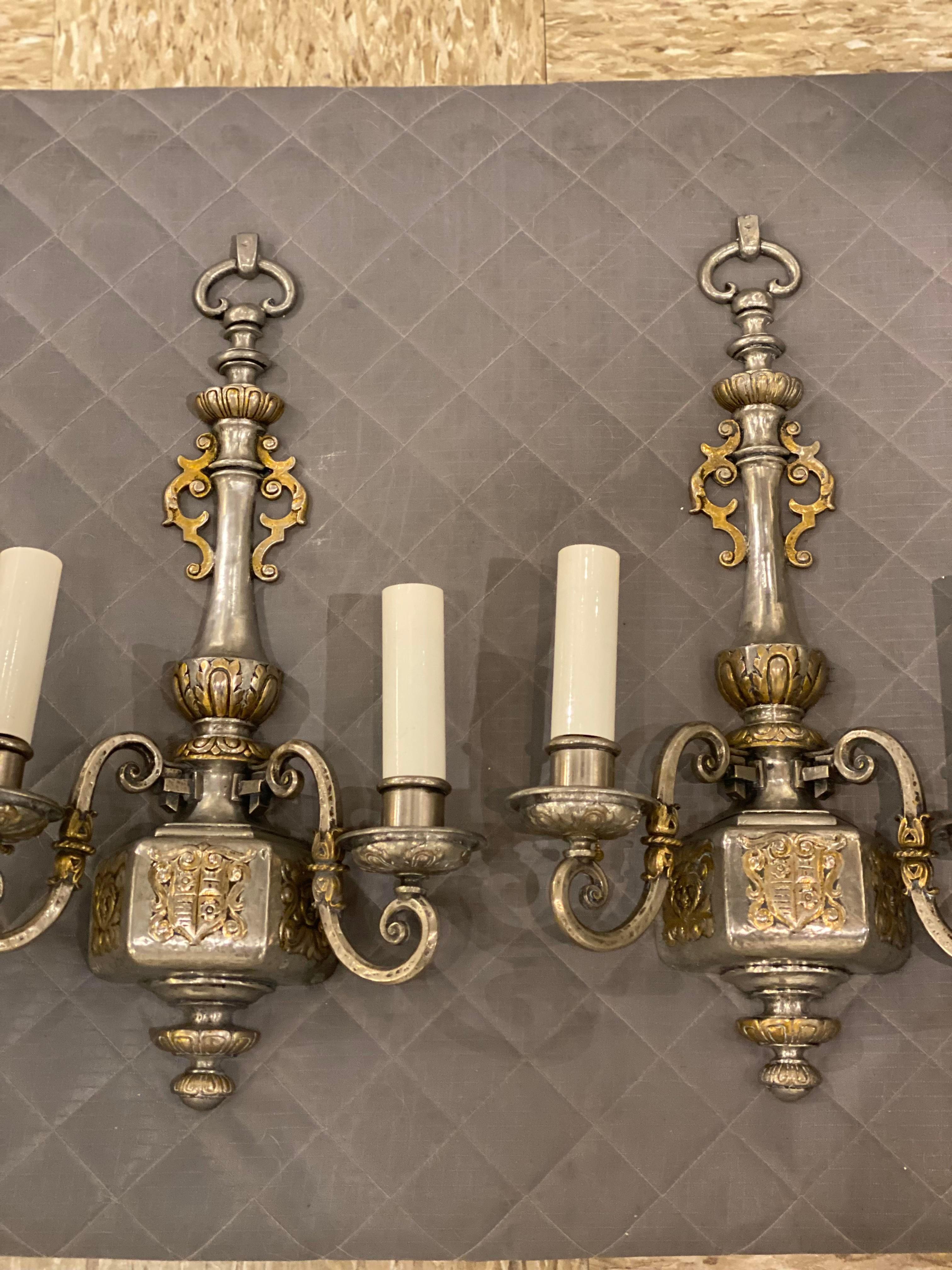 American Classical 1920's Caldwell Silver Plated Sconces with Gilt Ditales For Sale