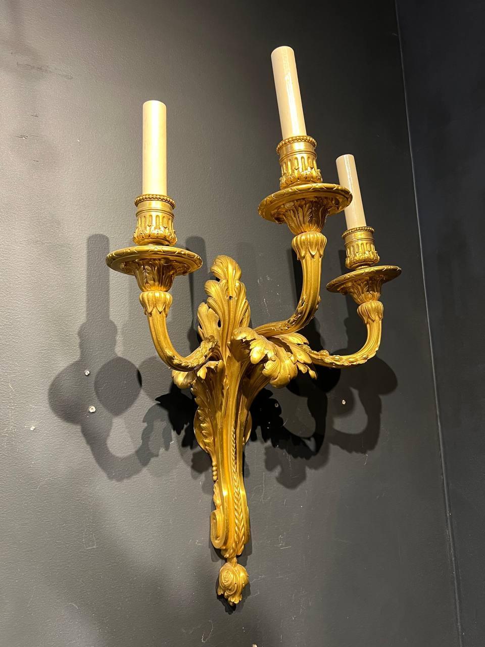 Louis XVI Pair 1920's Caldwell Large Sconces with 3 Lights For Sale