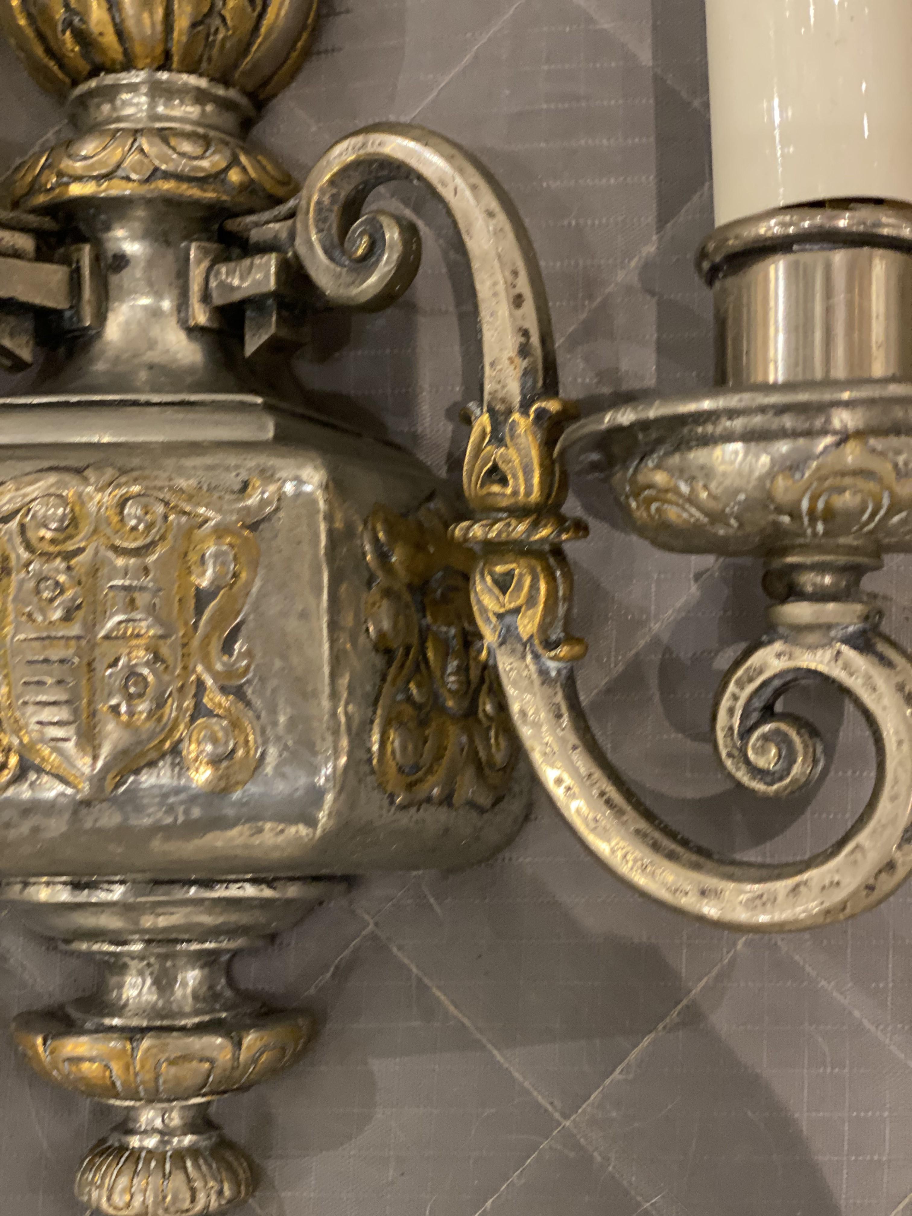American 1920's Caldwell Silver Plated Sconces with Gilt Ditales For Sale