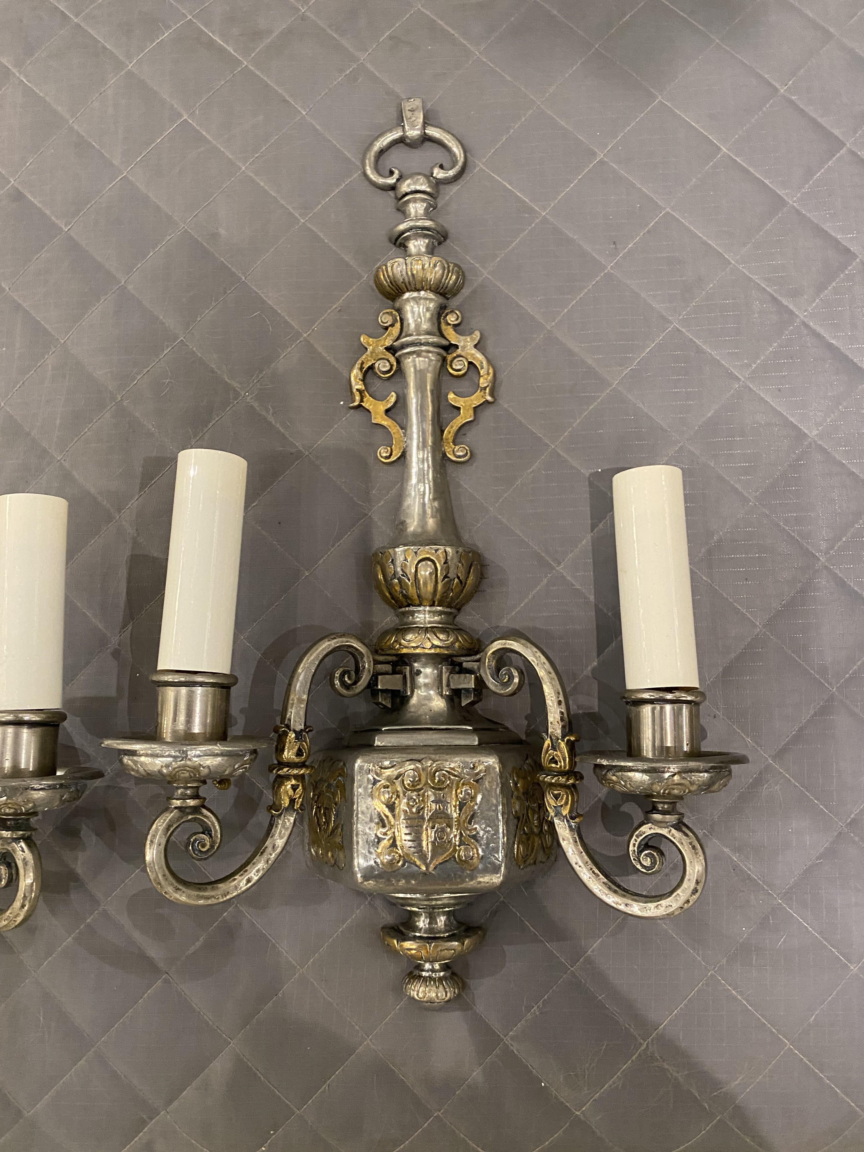 Silvered 1920's Caldwell Silver Plated Sconces with Gilt Ditales For Sale