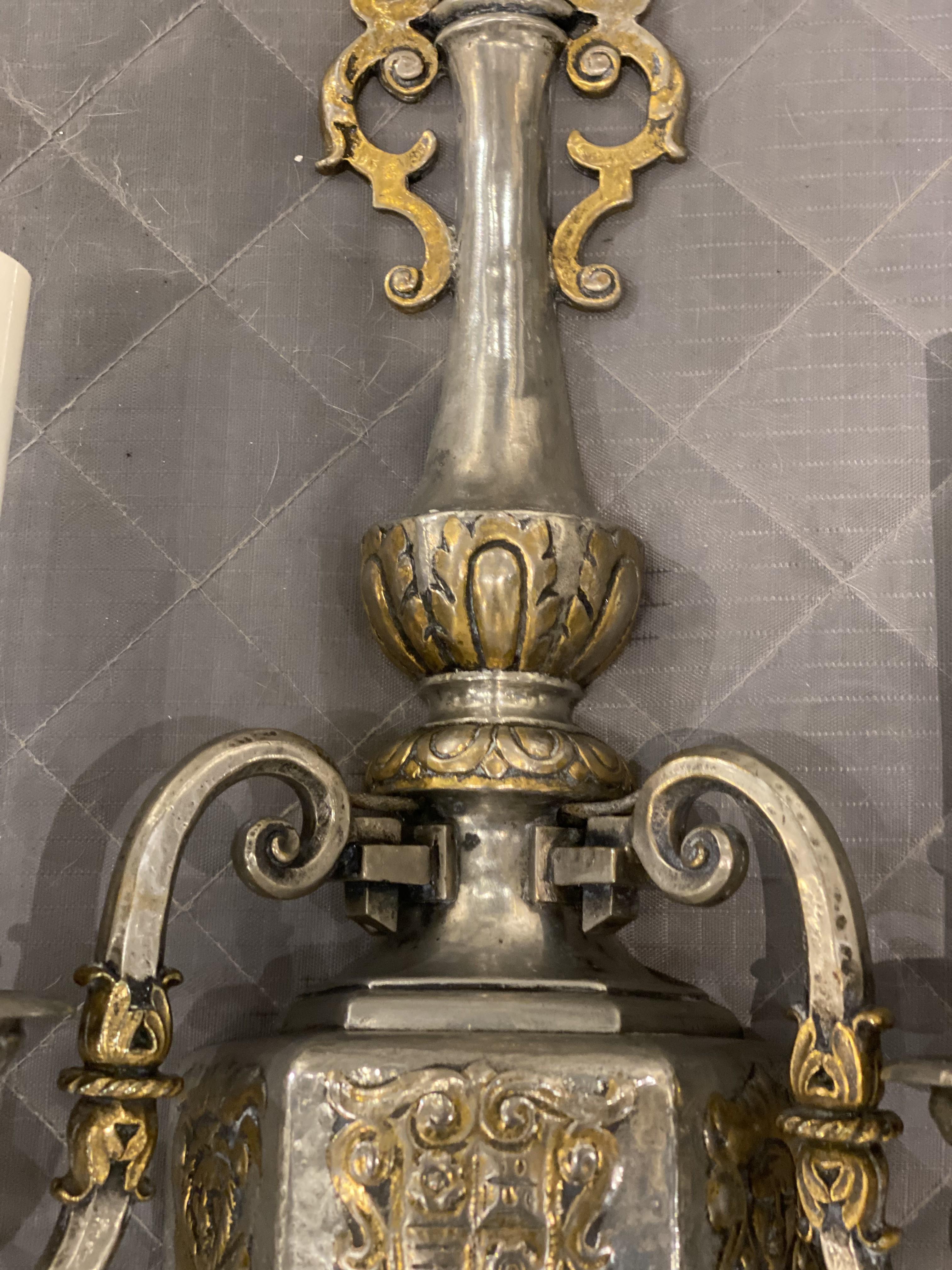 1920's Caldwell Silver Plated Sconces with Gilt Ditales In Good Condition For Sale In New York, NY