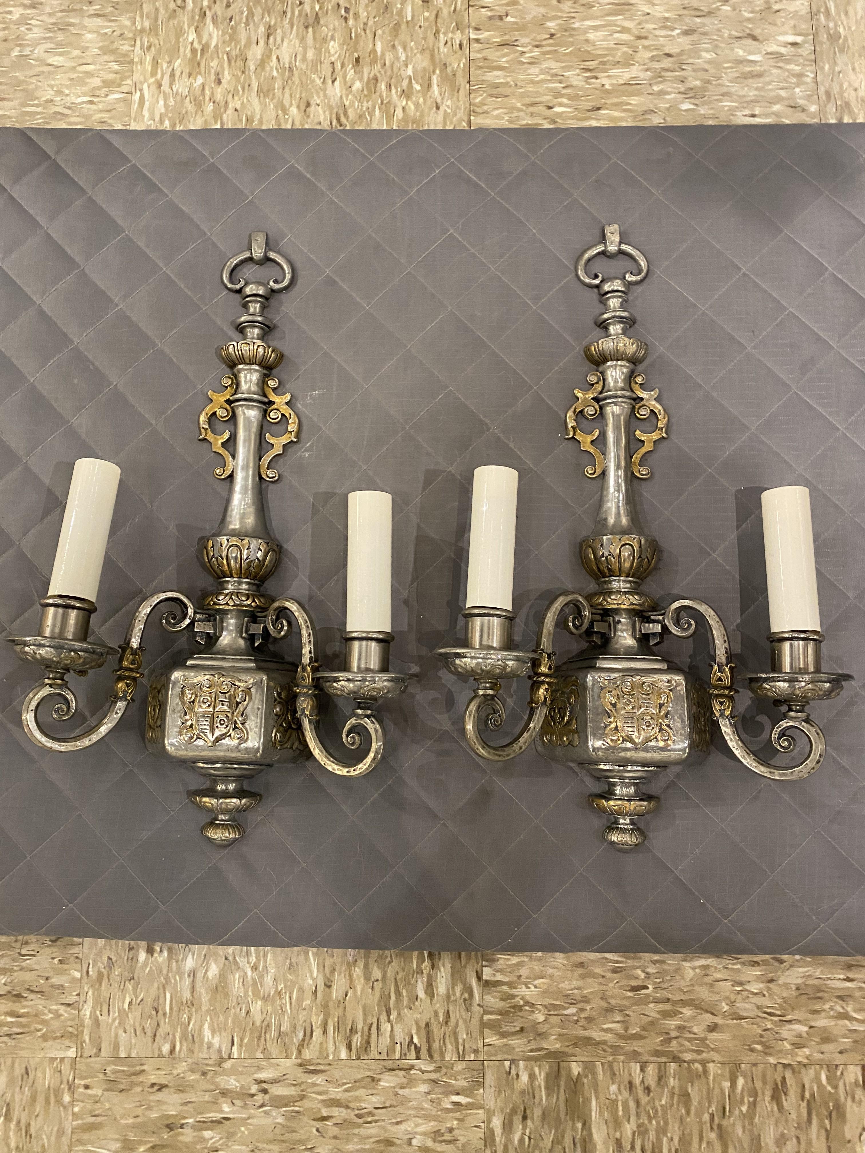 Early 20th Century 1920's Caldwell Silver Plated Sconces with Gilt Ditales For Sale