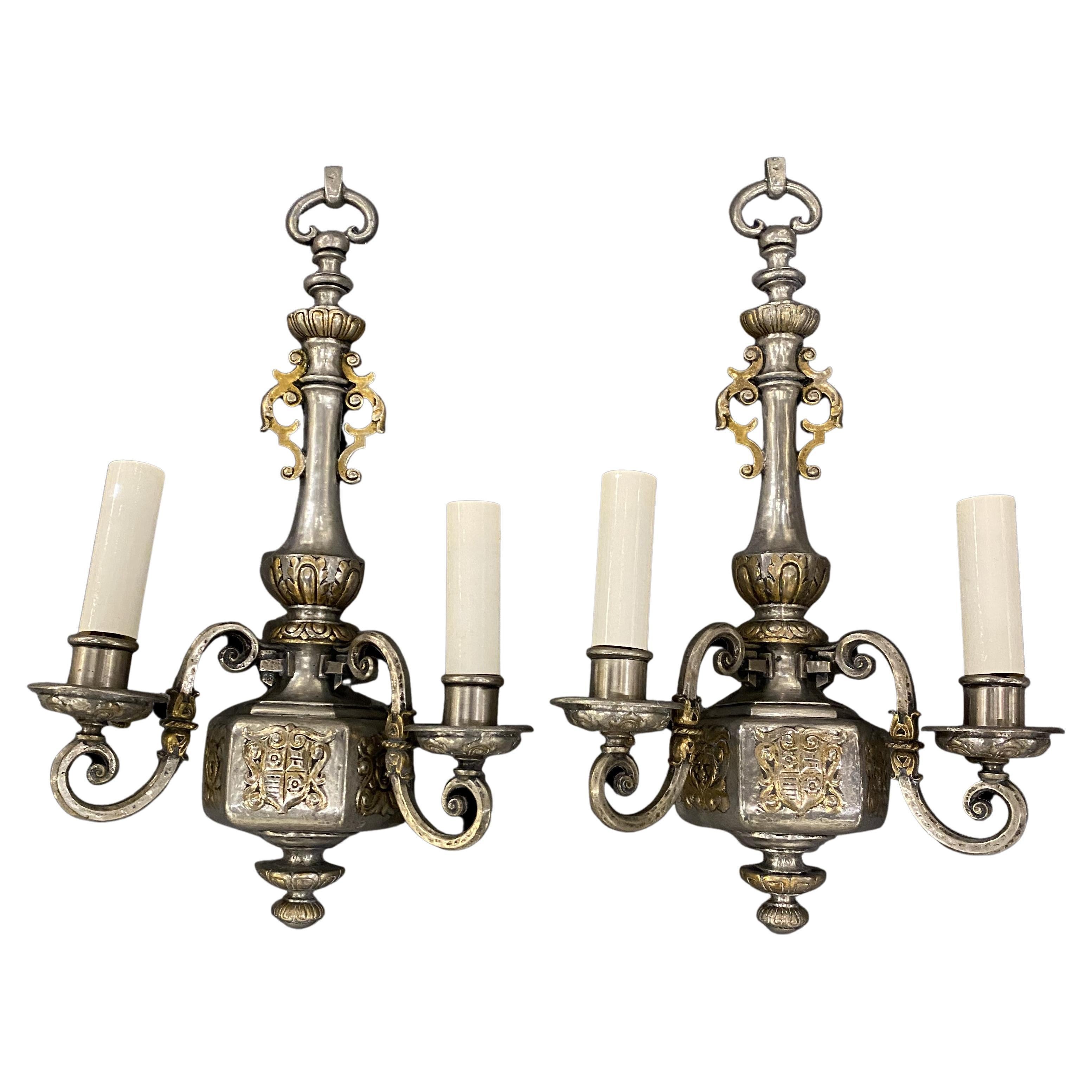 1920's Caldwell Silver Plated Sconces with Gilt Ditales