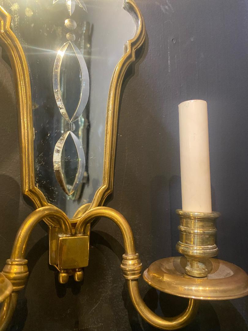 Gilt 1920's Caldwell Sconces with Etched Mirror Backplate For Sale