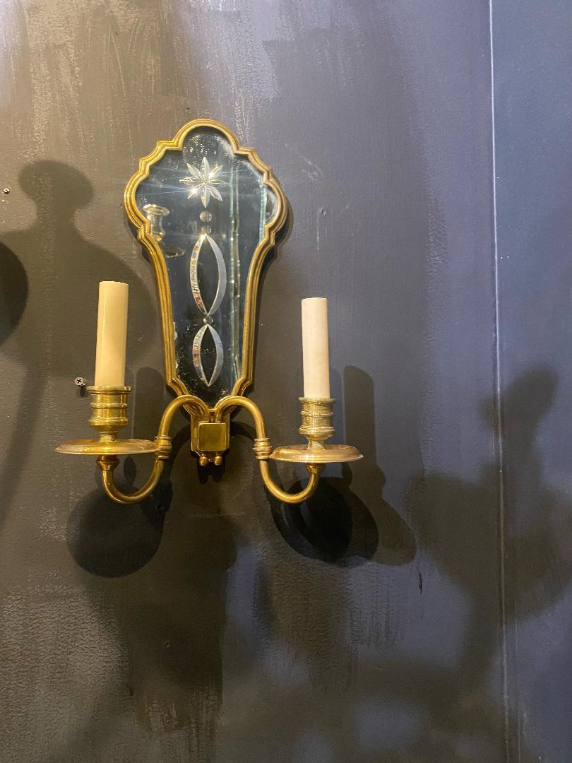 1920's Caldwell Sconces with Etched Mirror Backplate In Good Condition For Sale In New York, NY