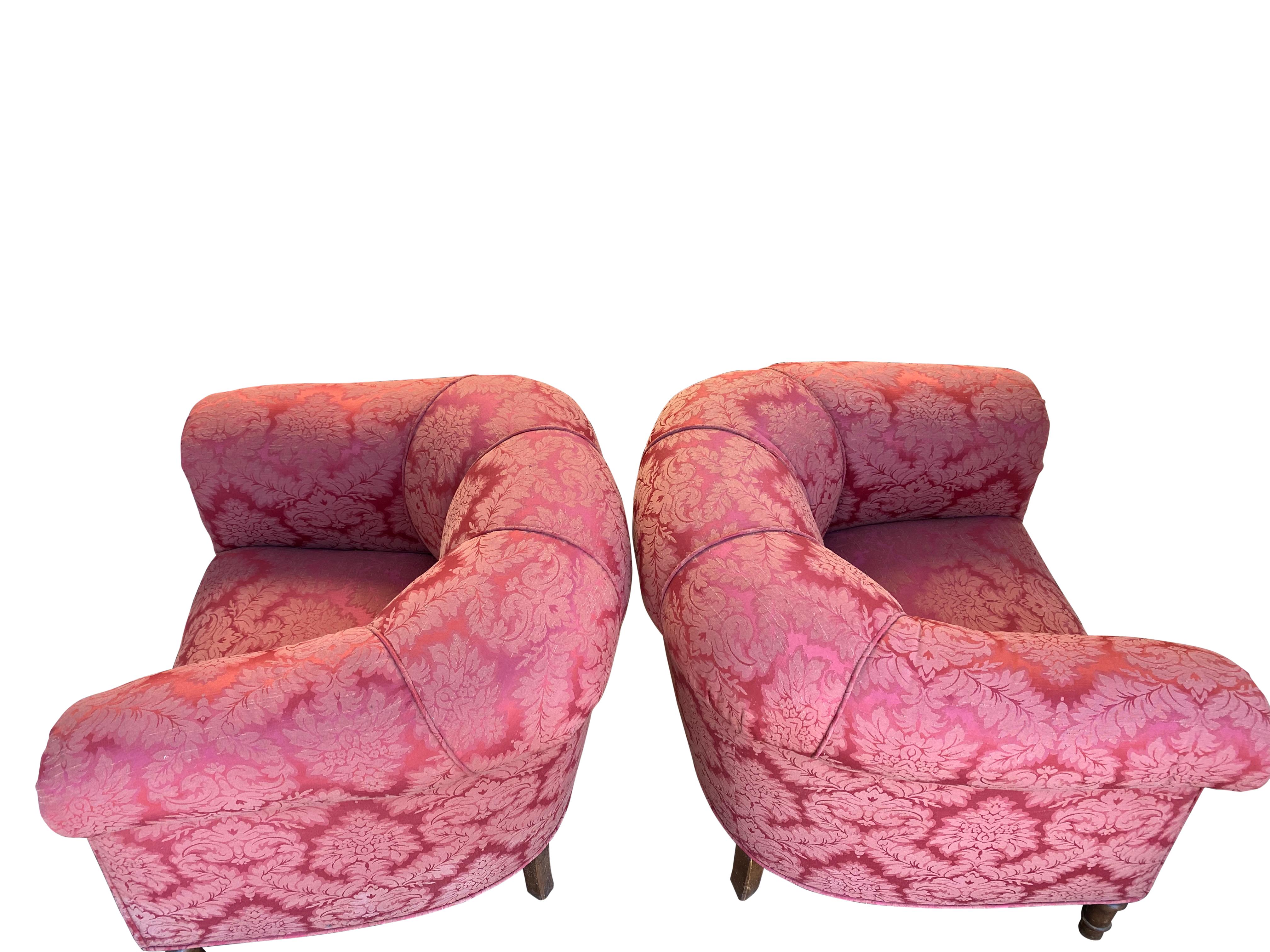 Pair of 1920s Club Chairs in Damask Floral Design For Sale 4