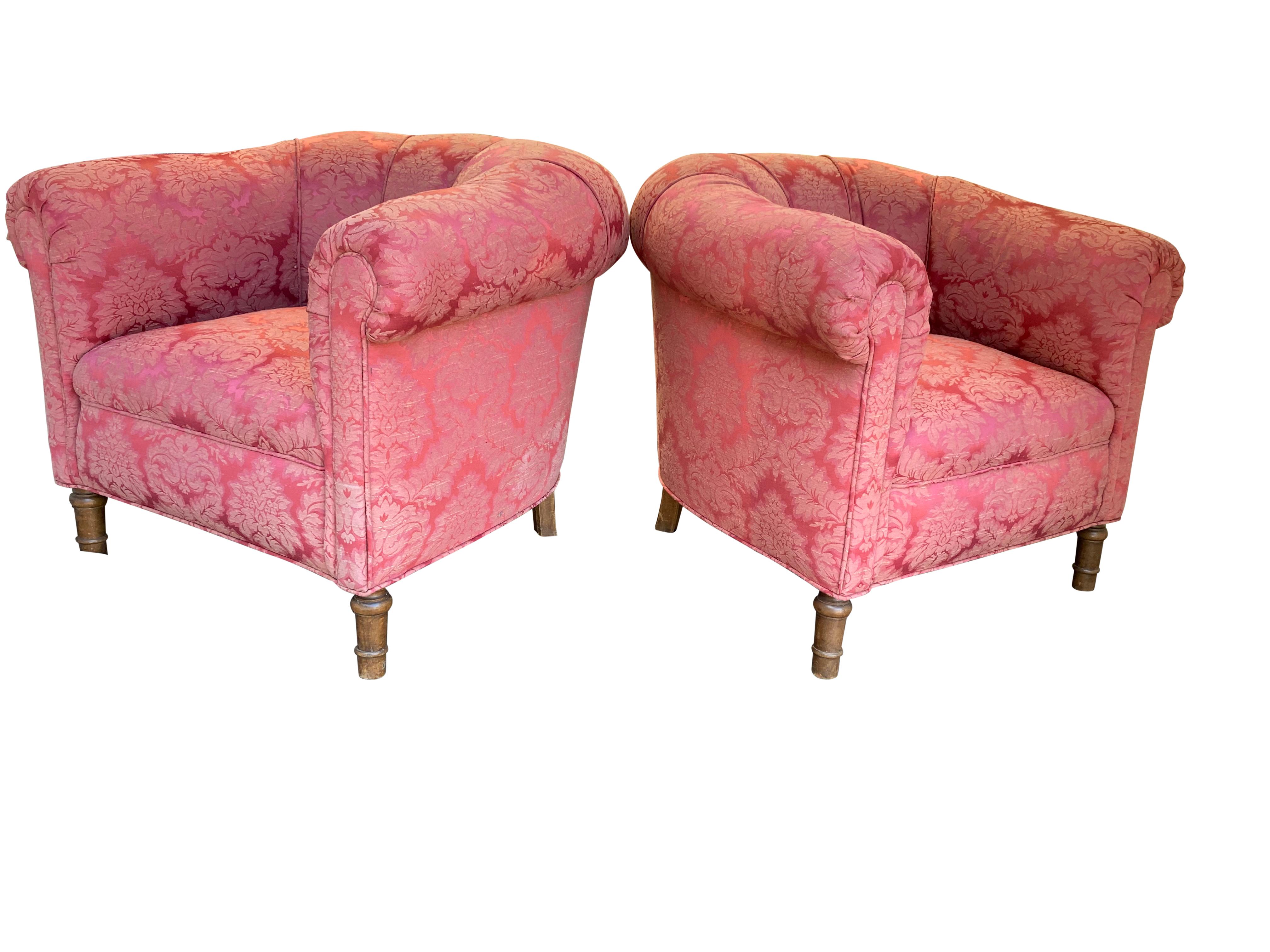 Pair of 1920s Club Chairs in Damask Floral Design For Sale 5