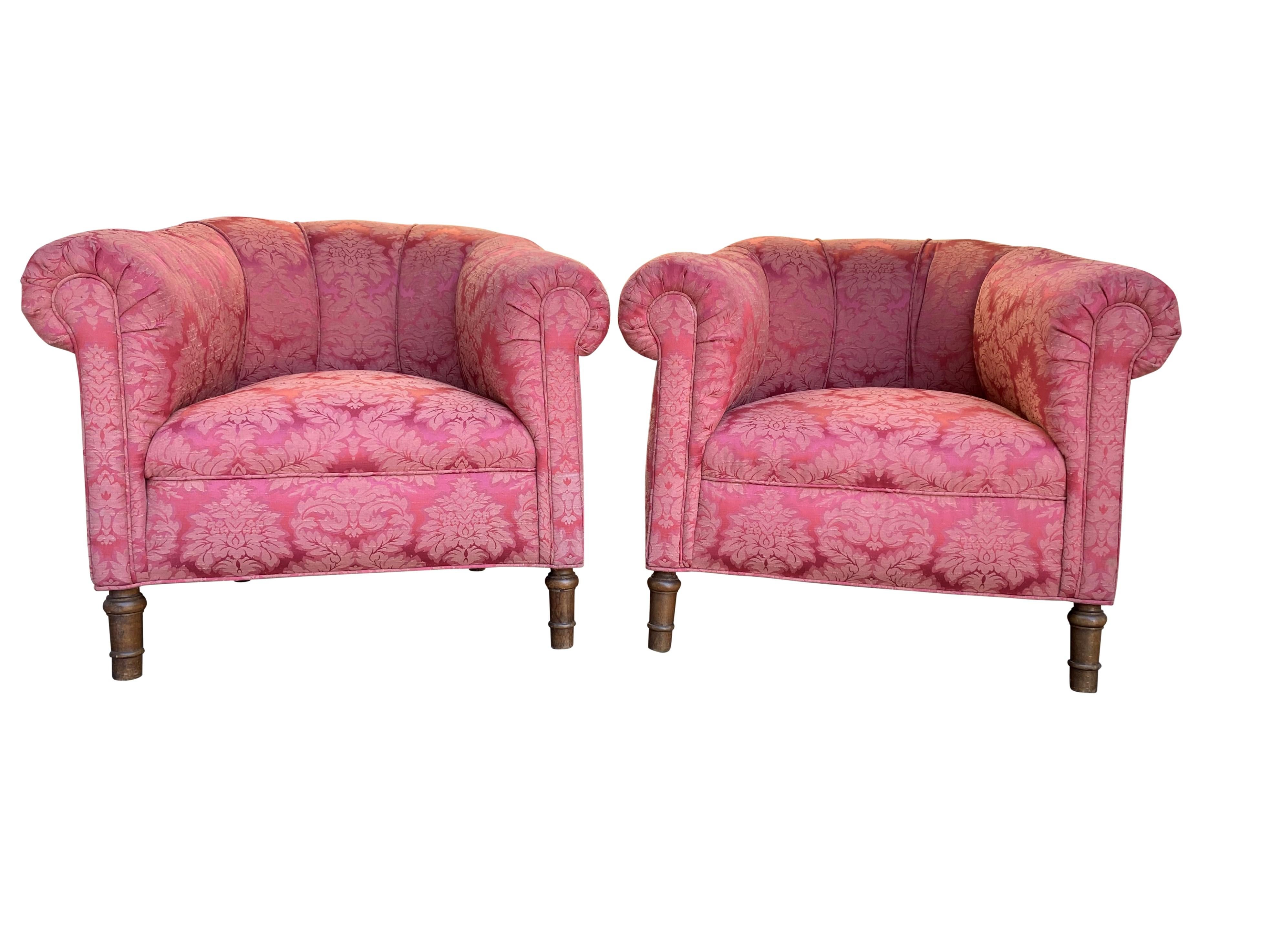 Art Deco Pair of 1920s Club Chairs in Damask Floral Design For Sale