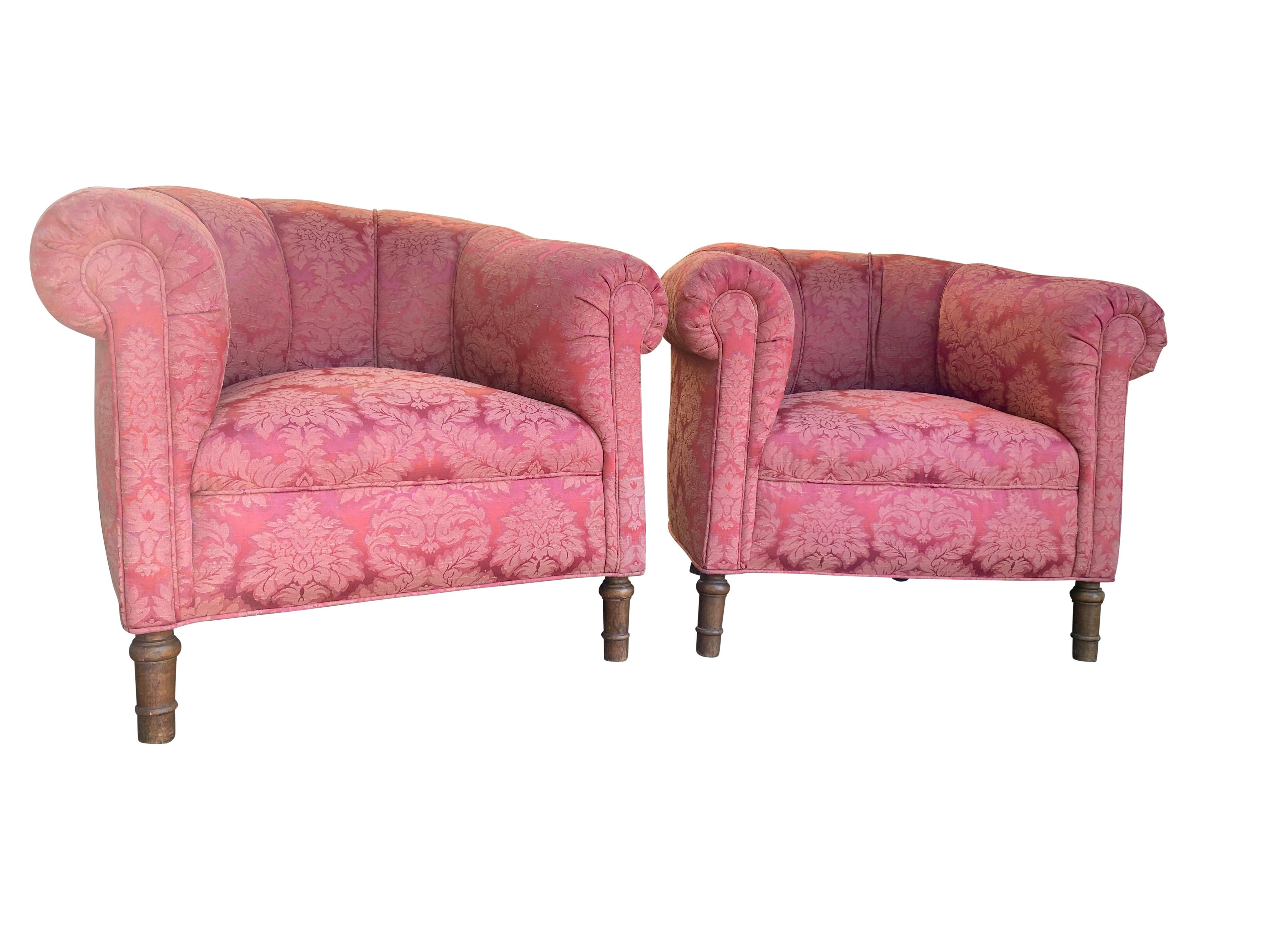 French Pair of 1920s Club Chairs in Damask Floral Design For Sale