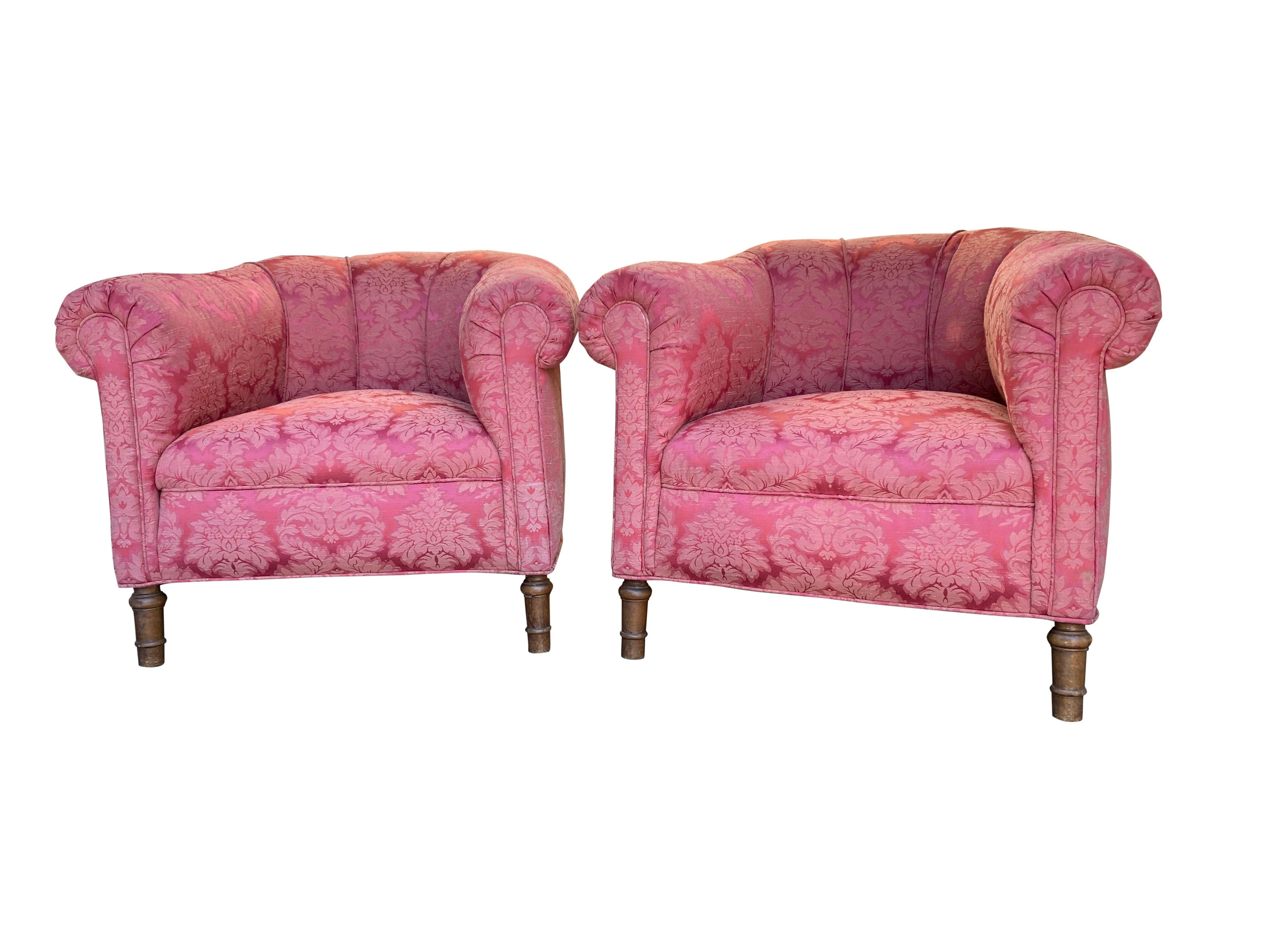 Pair of 1920s Club Chairs in Damask Floral Design In Good Condition For Sale In London, GB