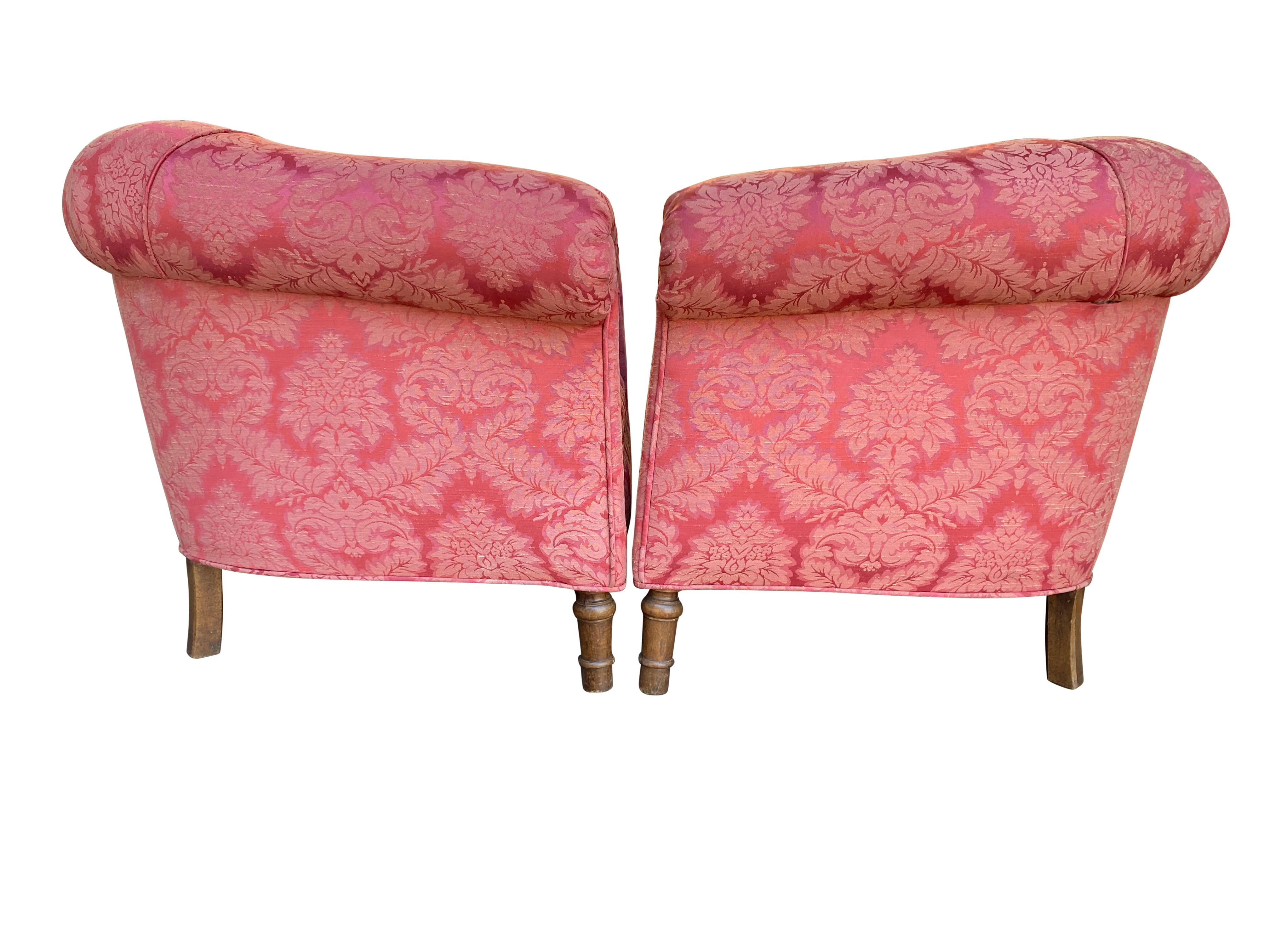 Pair of 1920s Club Chairs in Damask Floral Design For Sale 1