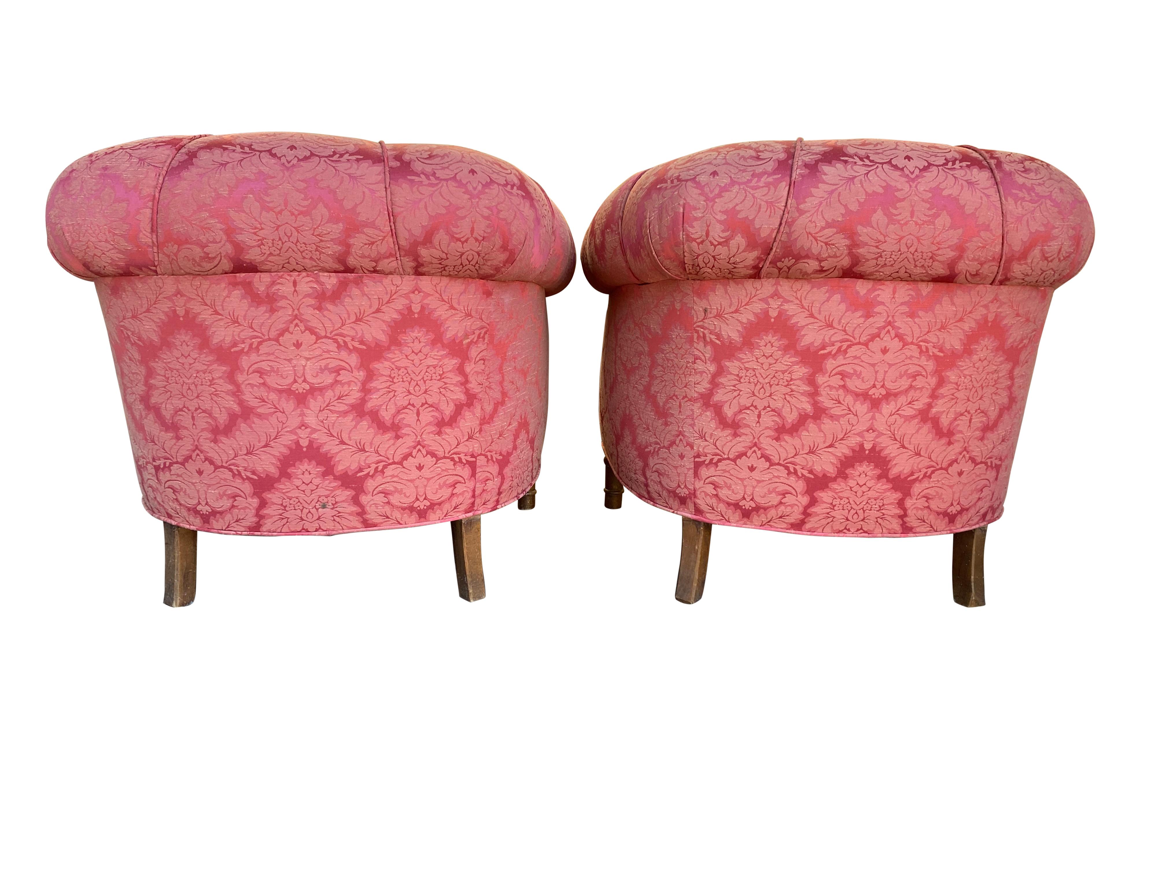 Pair of 1920s Club Chairs in Damask Floral Design For Sale 2
