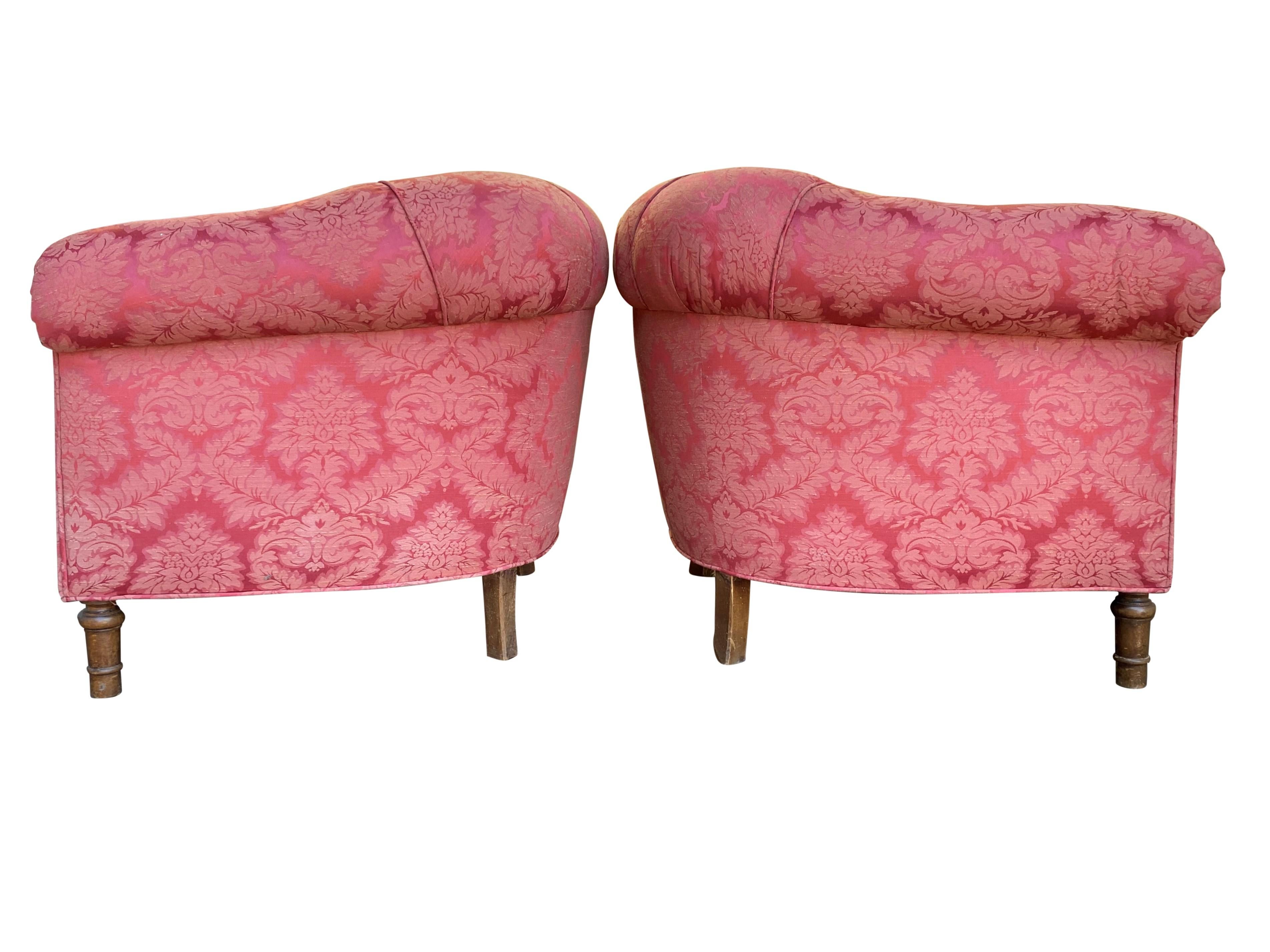 Pair of 1920s Club Chairs in Damask Floral Design For Sale 3