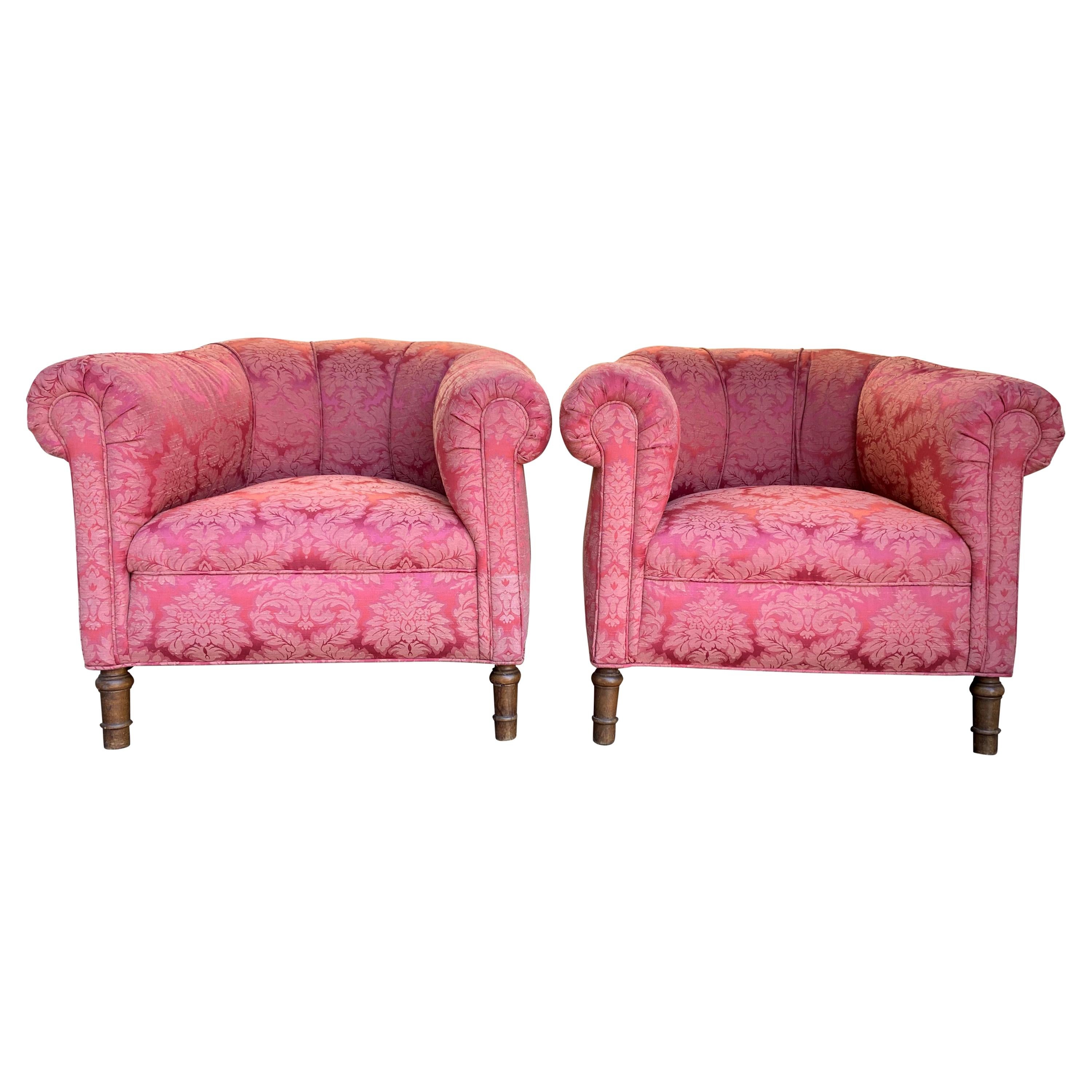 Pair of 1920s Club Chairs in Damask Floral Design For Sale