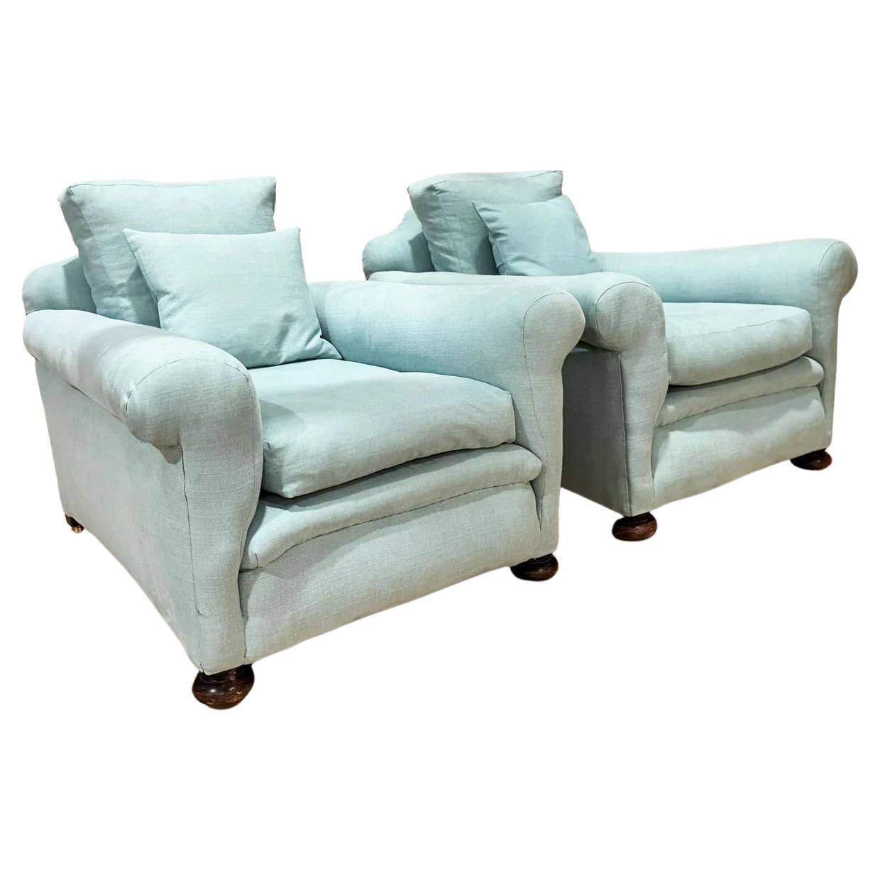 A Pair of 1920's Deep Seated Country House Armchairs For Sale