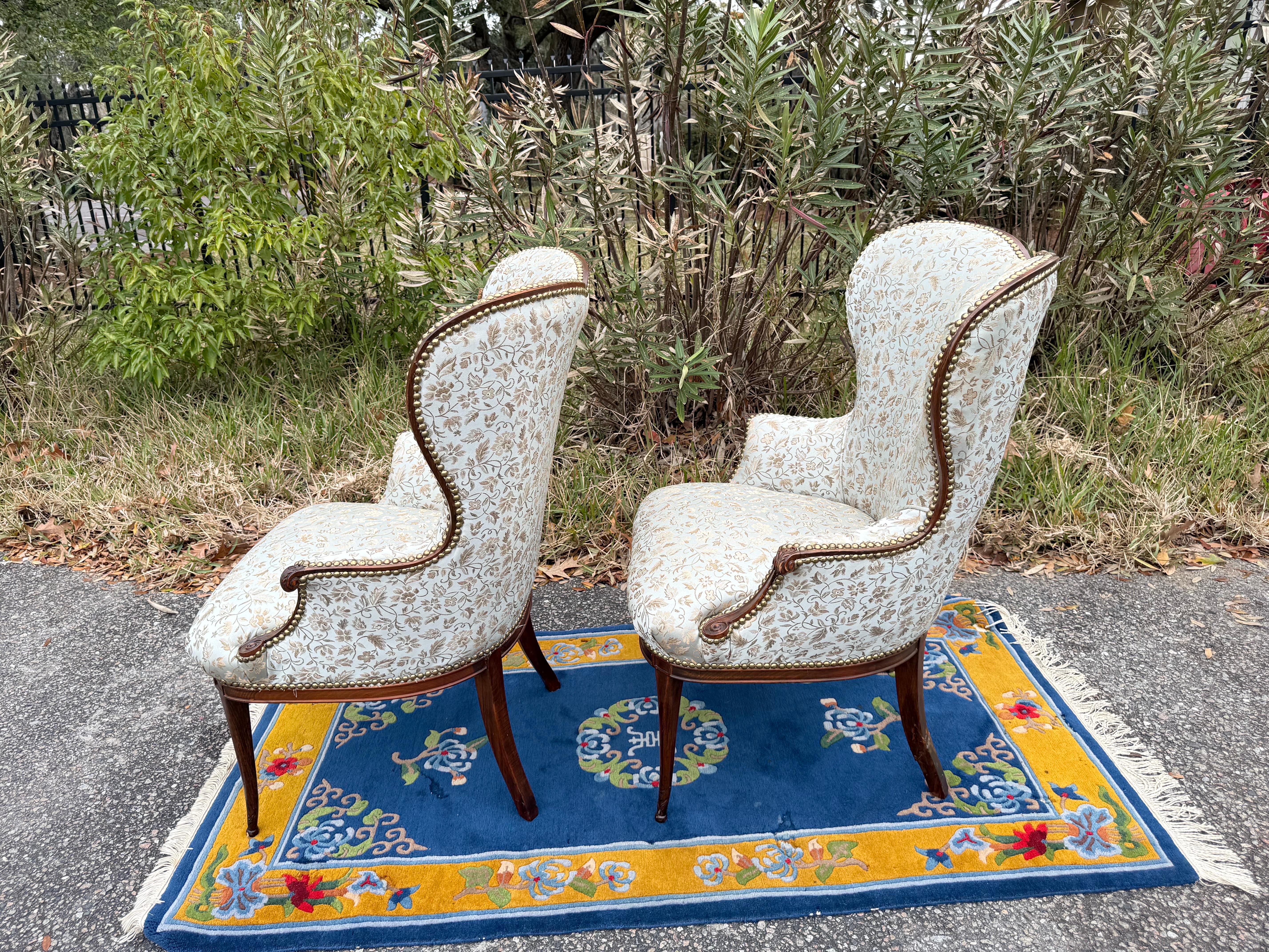A pair of 1920s French Blue Upholstered Art Deco Fireside Chairs 5