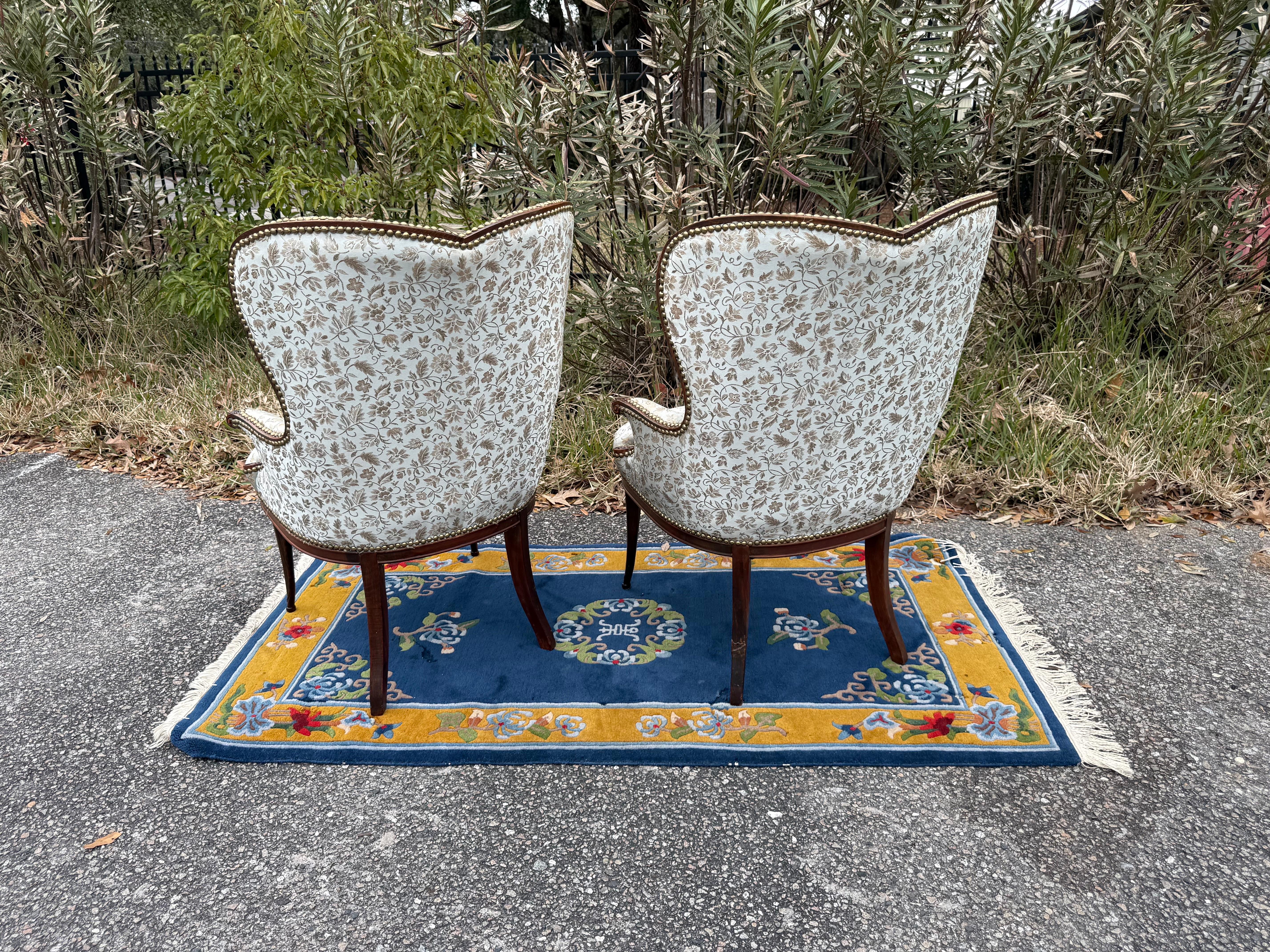 A pair of 1920s French Blue Upholstered Art Deco Fireside Chairs 6