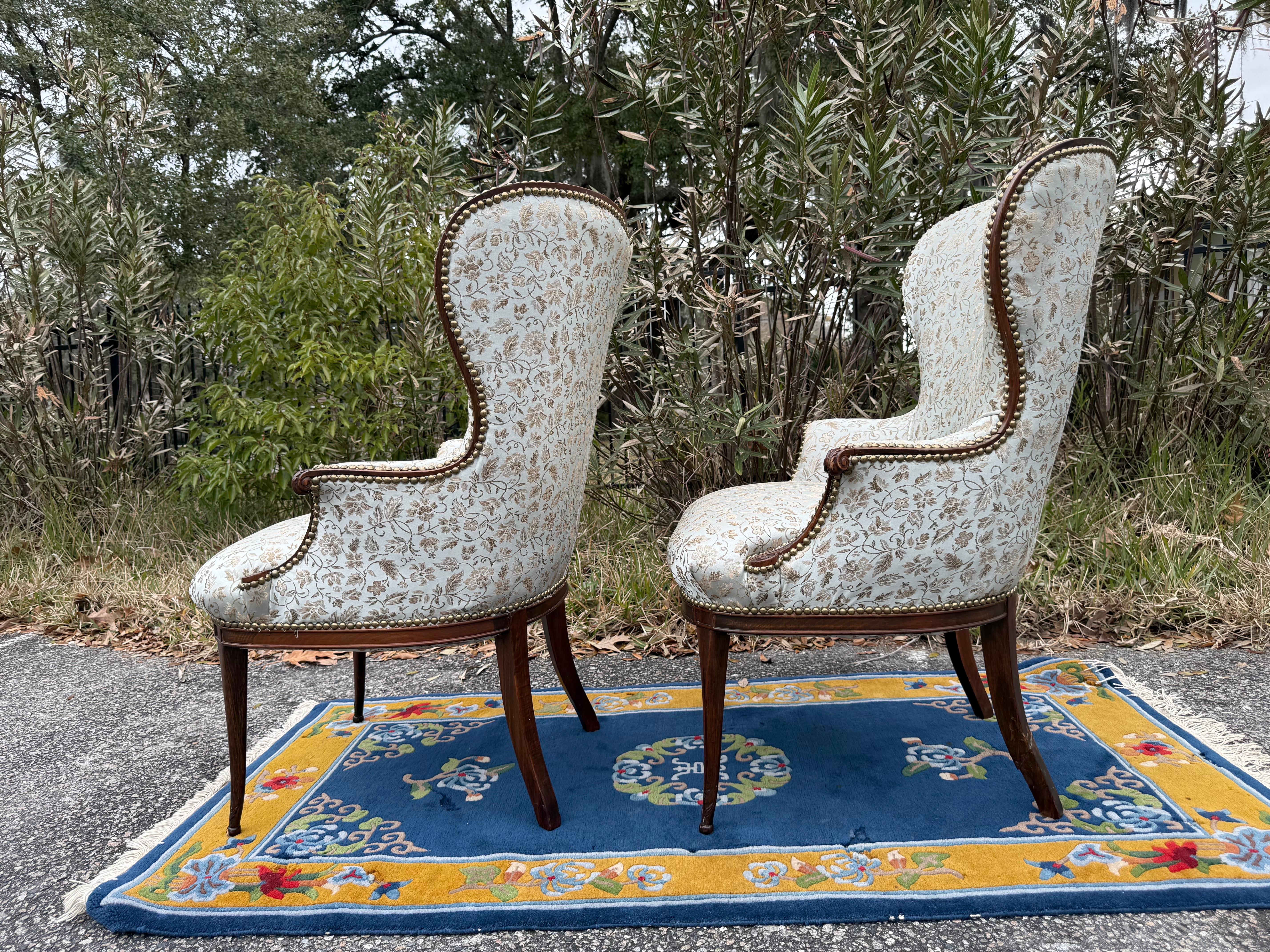A pair of 1920s French Blue Upholstered Art Deco Fireside Chairs 8