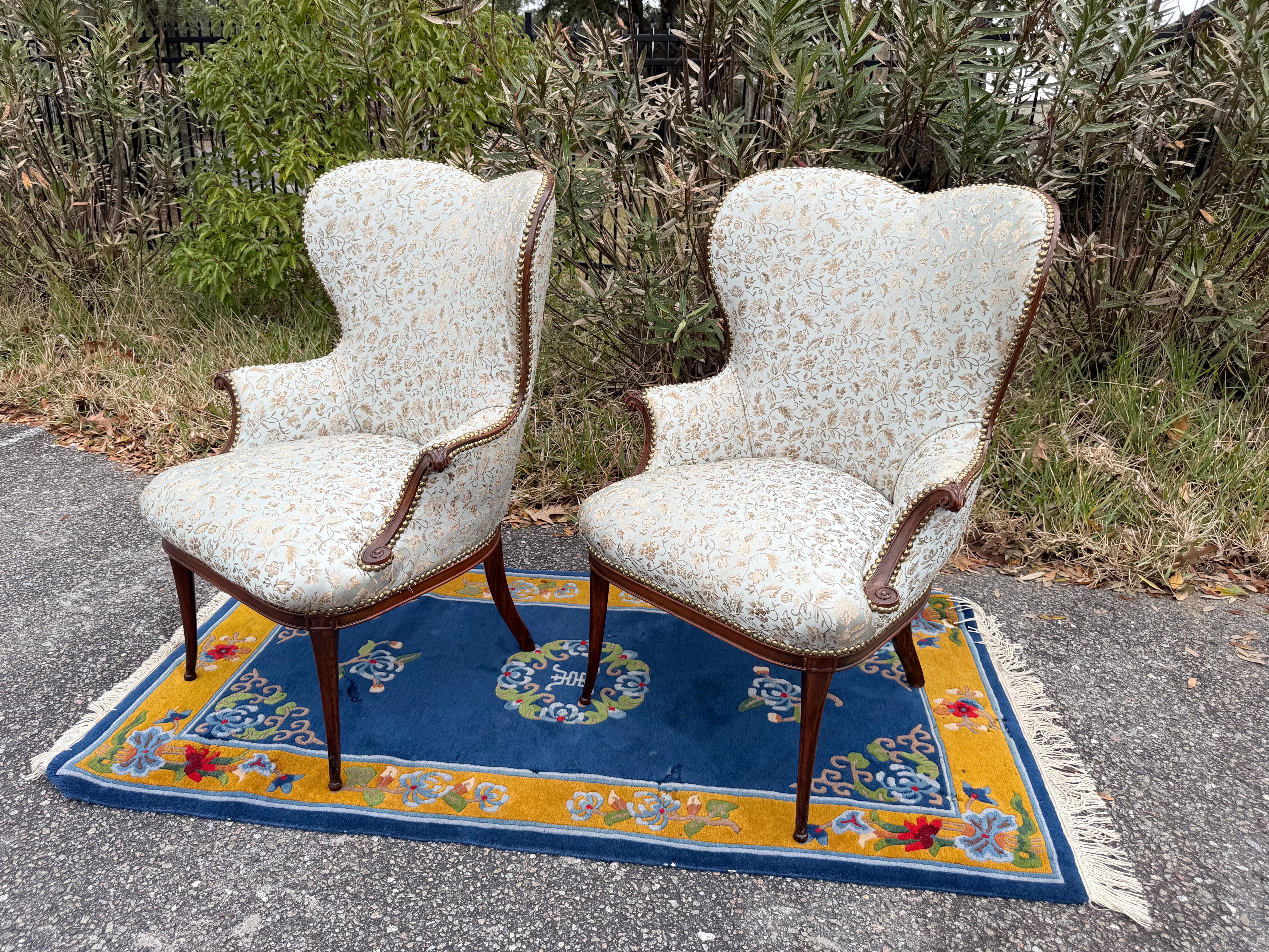A pair of 1920s French Blue Upholstered Art Deco Fireside Chairs 9