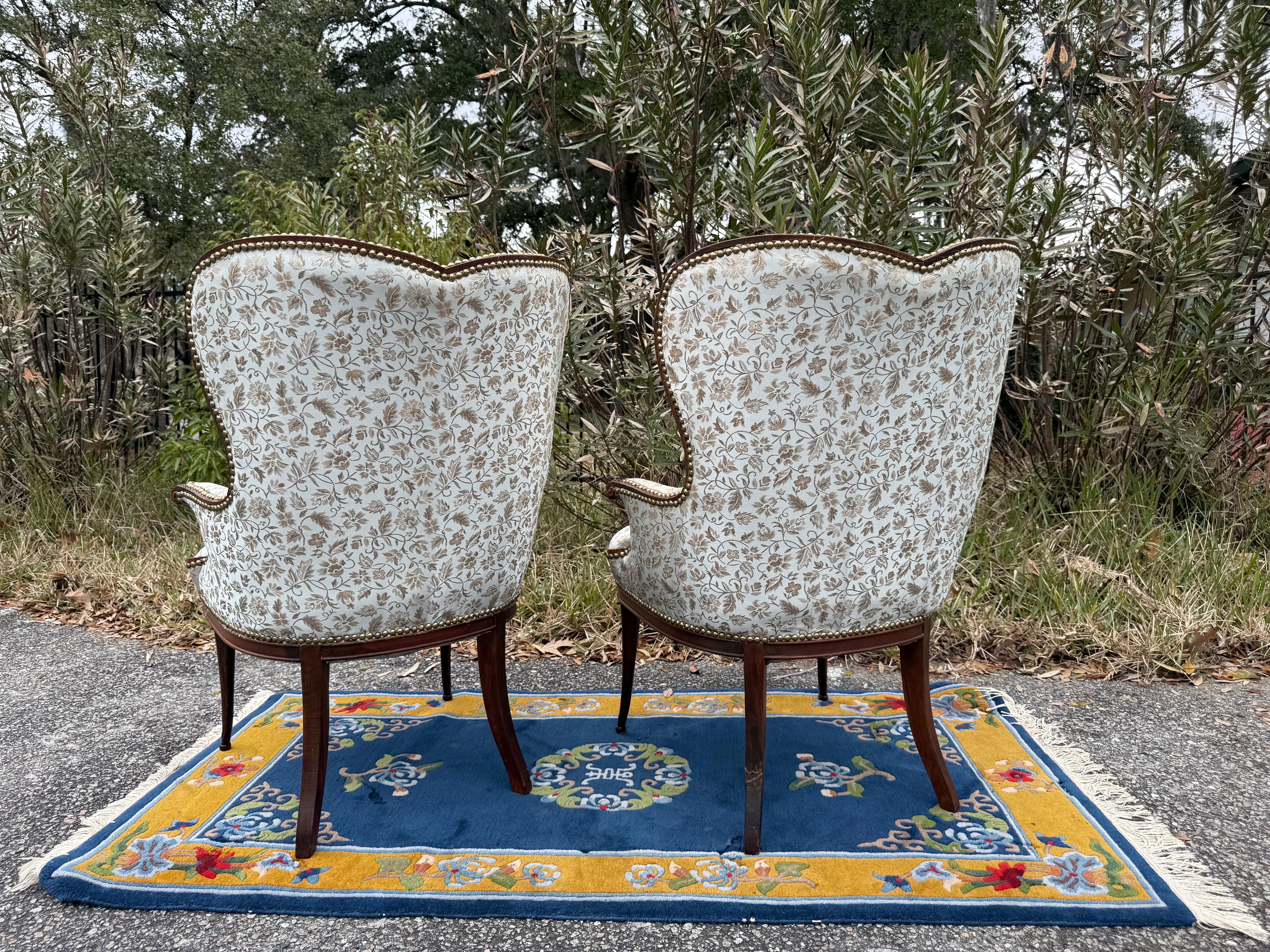 A pair of 1920s French Blue Upholstered Art Deco Fireside Chairs 10