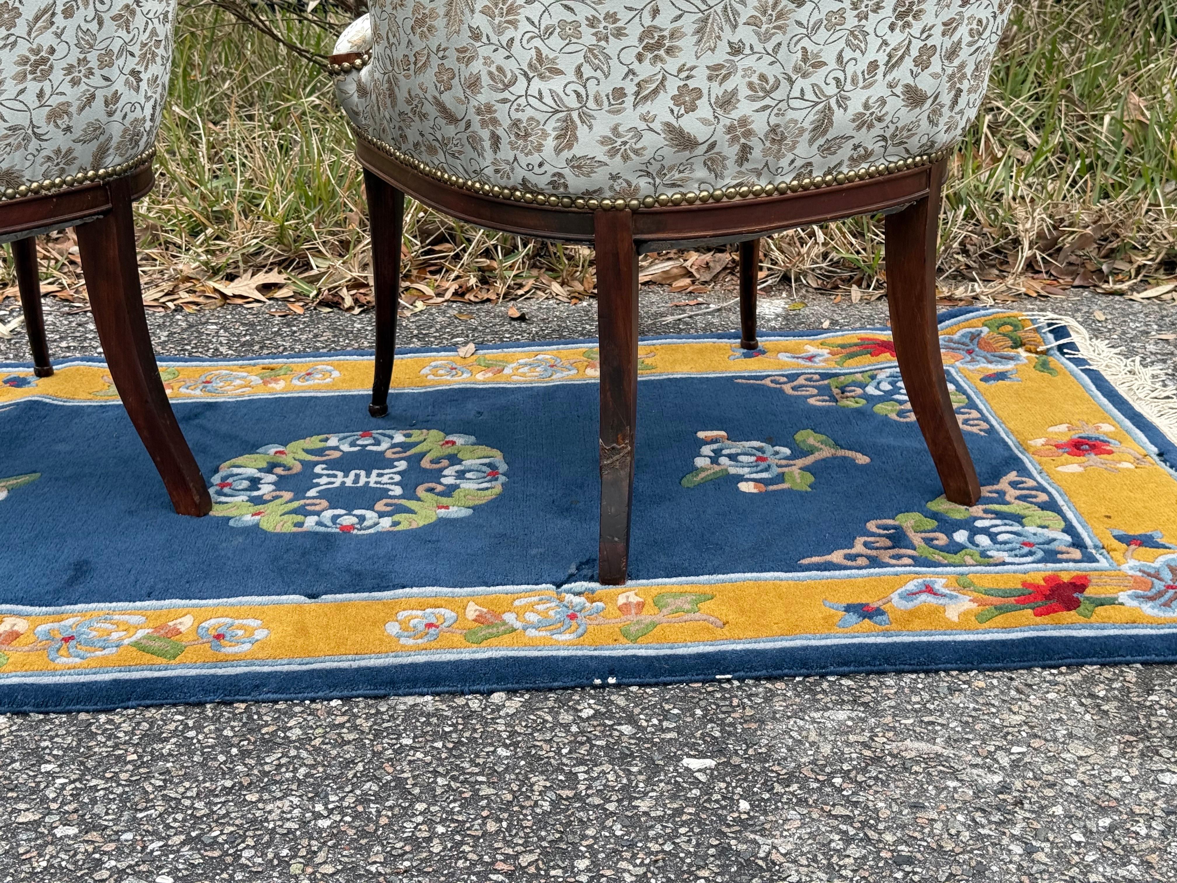 A pair of 1920s French Blue Upholstered Art Deco Fireside Chairs 11