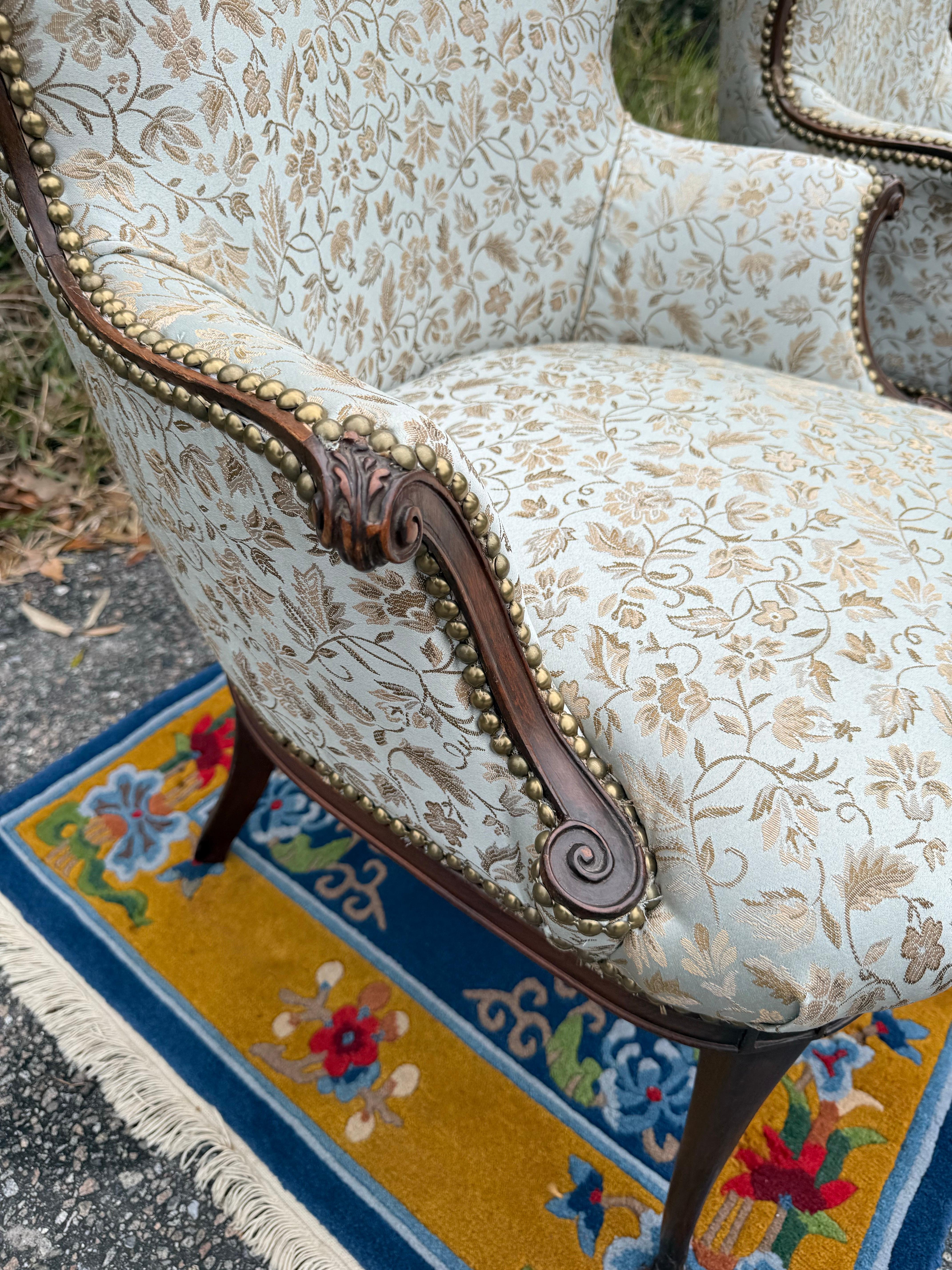 A pair of 1920s French Blue Upholstered Art Deco Fireside Chairs In Good Condition In Charleston, SC