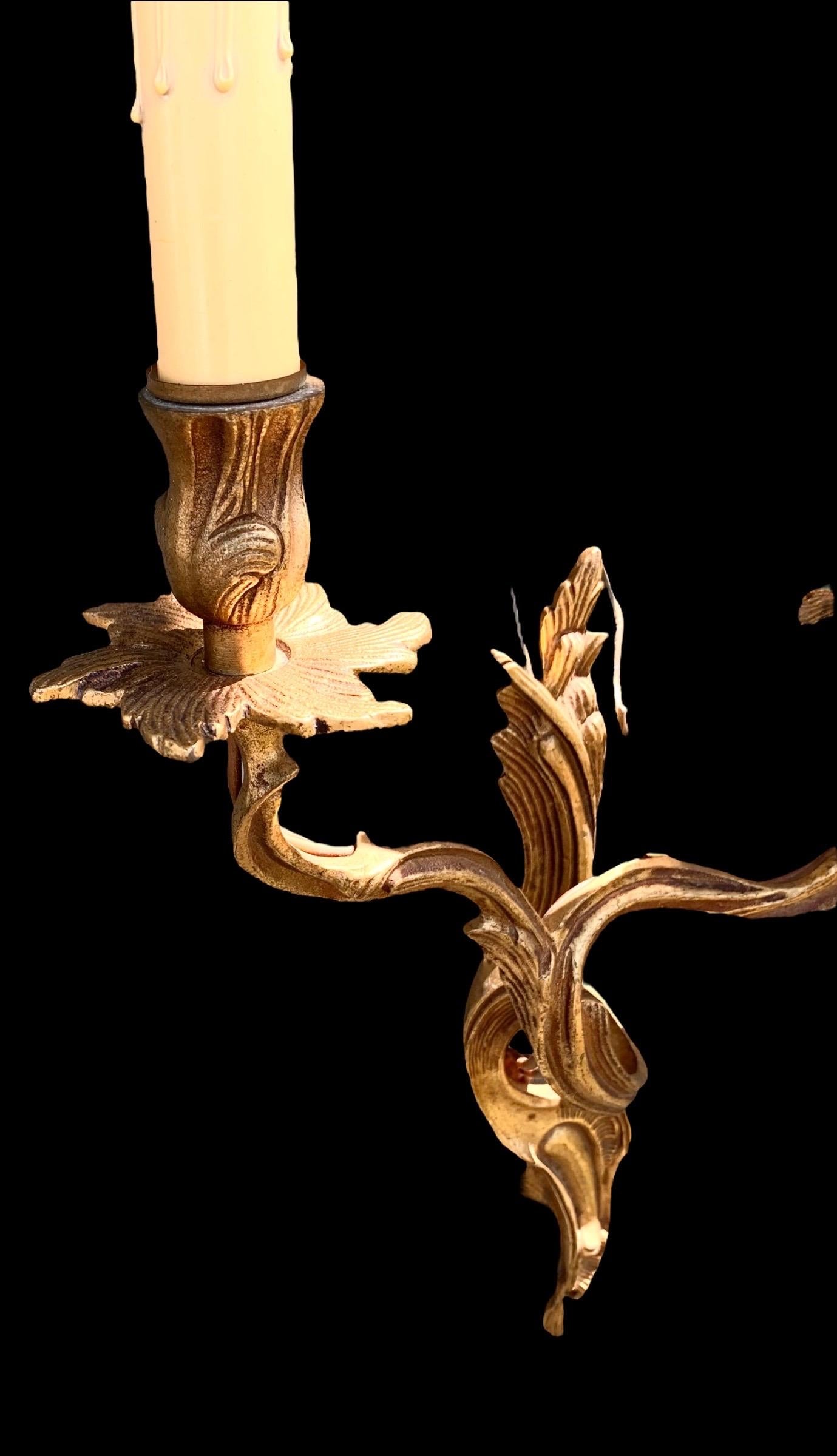Pair of 1920's Gilded Bronze Louis XV Style Electrified Wall Sconces, Spain 4