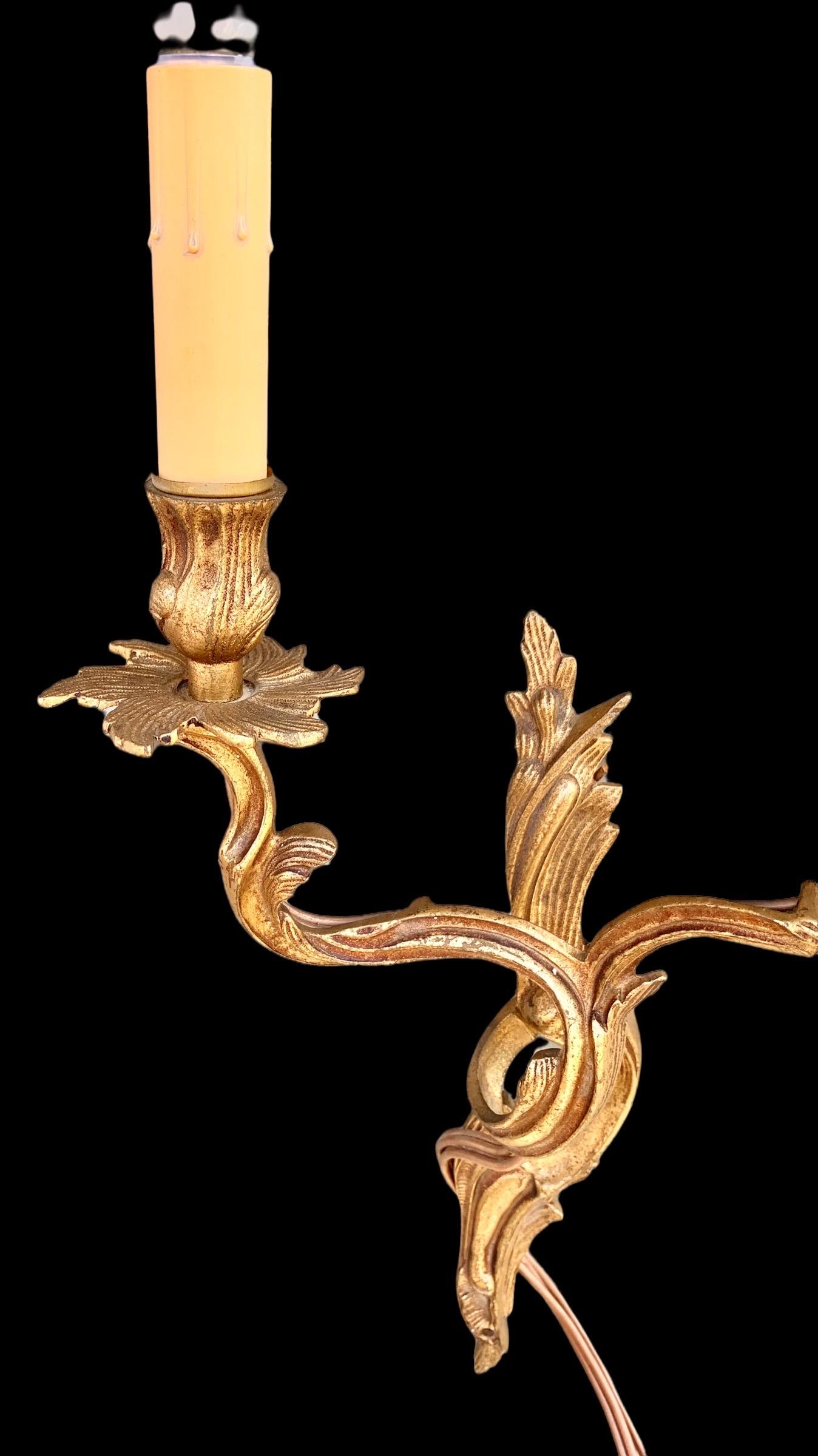 Spanish Pair of 1920's Gilded Bronze Louis XV Style Electrified Wall Sconces, Spain