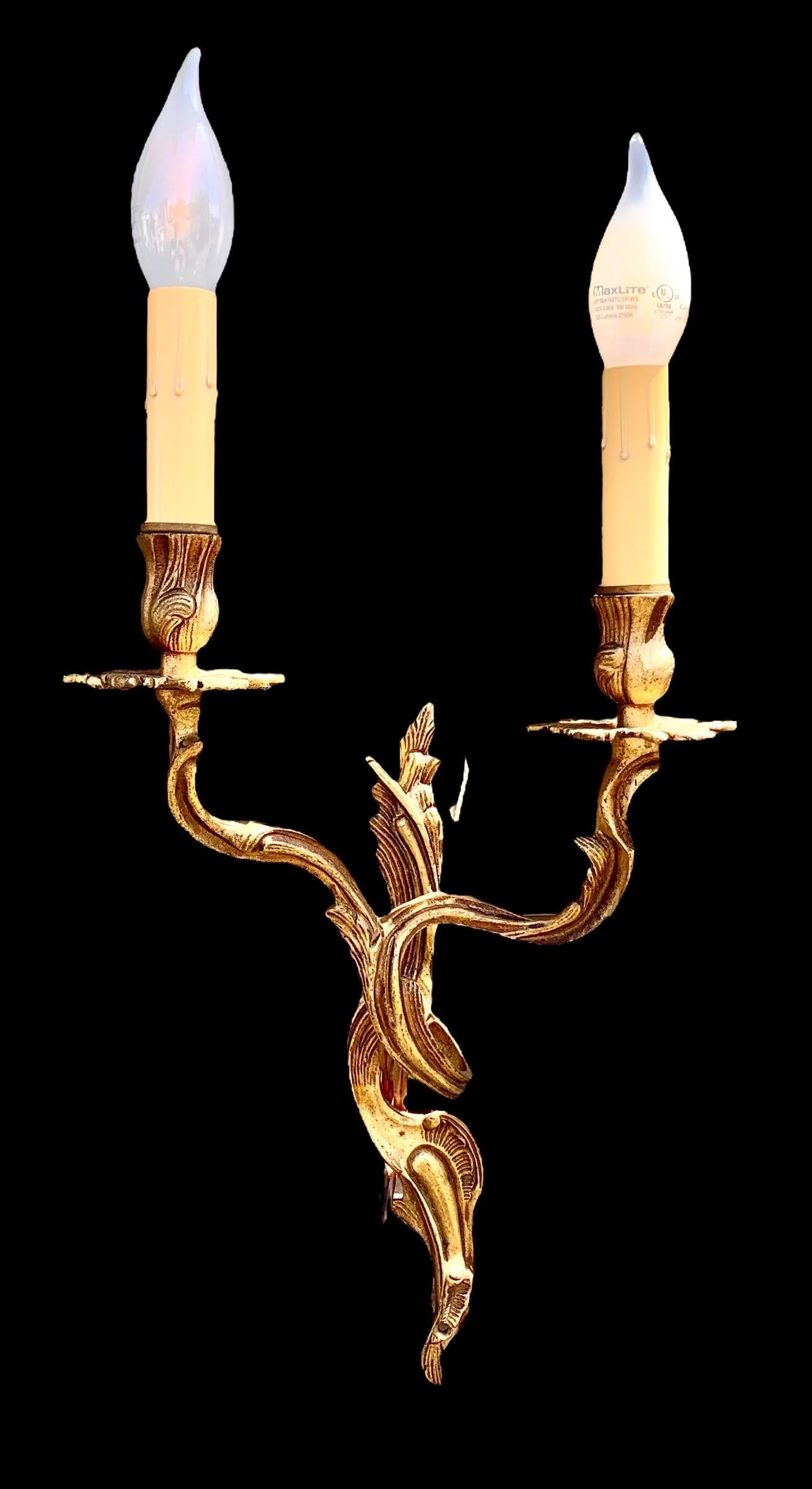 Early 20th Century Pair of 1920's Gilded Bronze Louis XV Style Electrified Wall Sconces, Spain