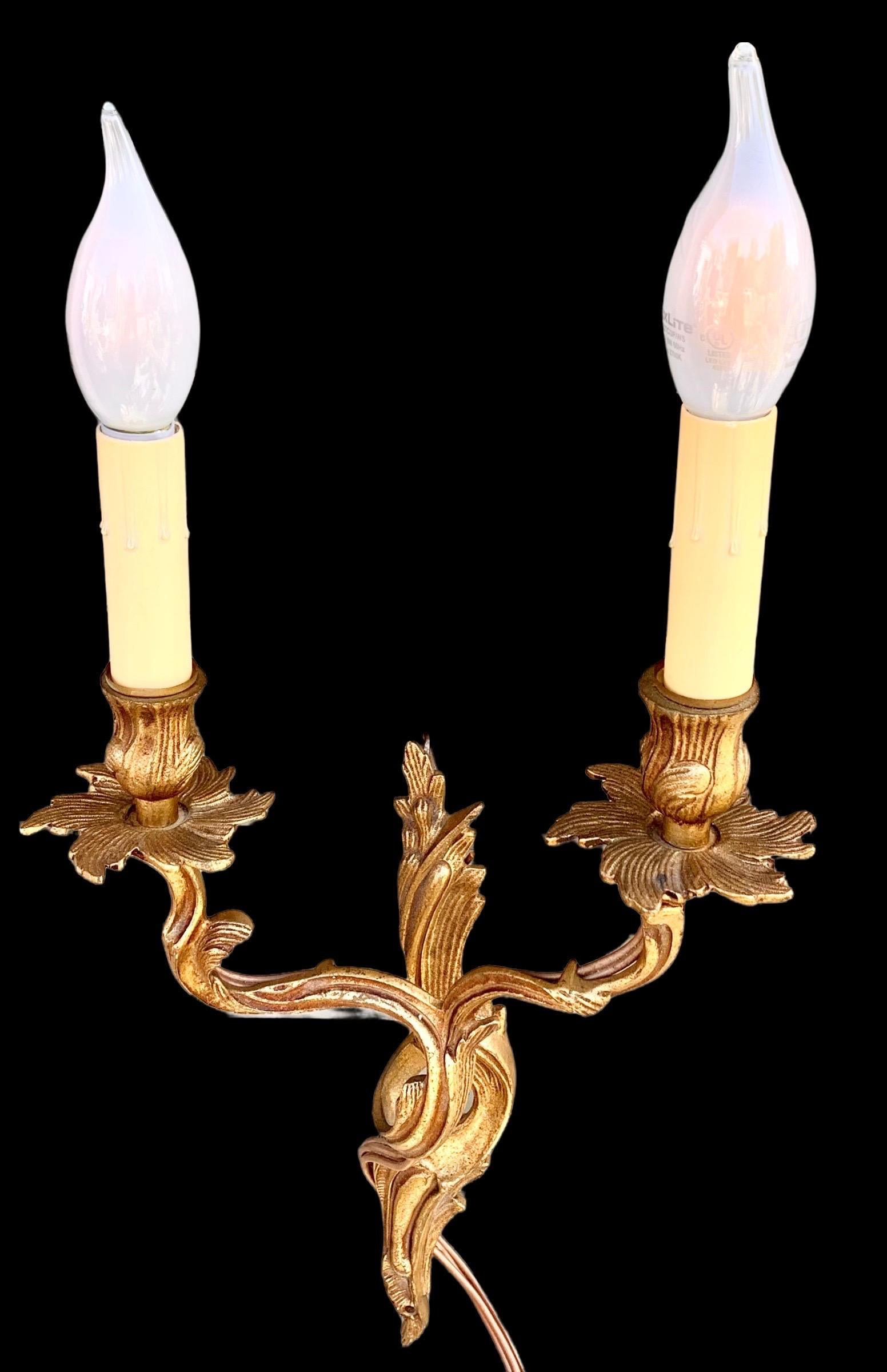 Pair of 1920's Gilded Bronze Louis XV Style Electrified Wall Sconces, Spain 1
