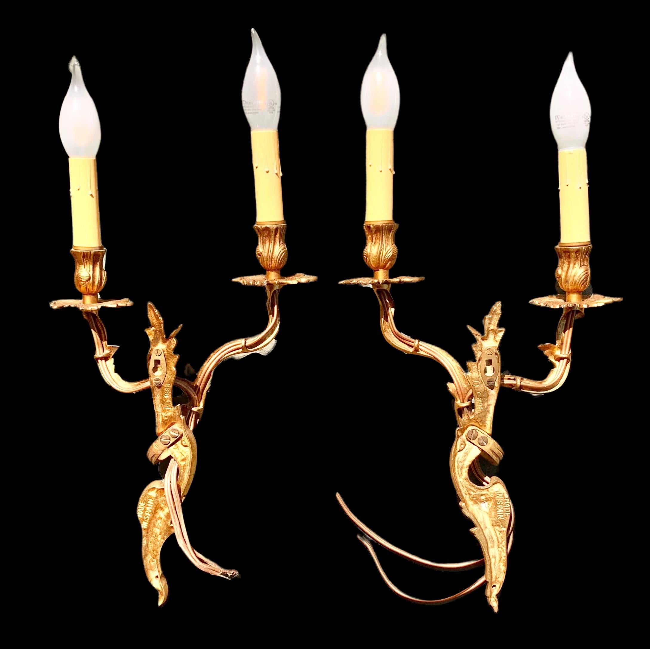 Pair of 1920's Gilded Bronze Louis XV Style Electrified Wall Sconces, Spain 2