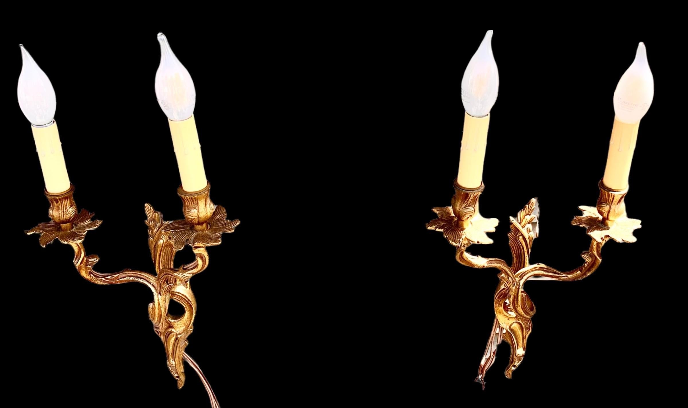 Pair of 1920's Gilded Bronze Louis XV Style Electrified Wall Sconces, Spain 3