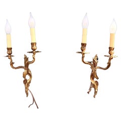 Pair of 1920's Gilded Bronze Louis XV Style Electrified Wall Sconces, Spain