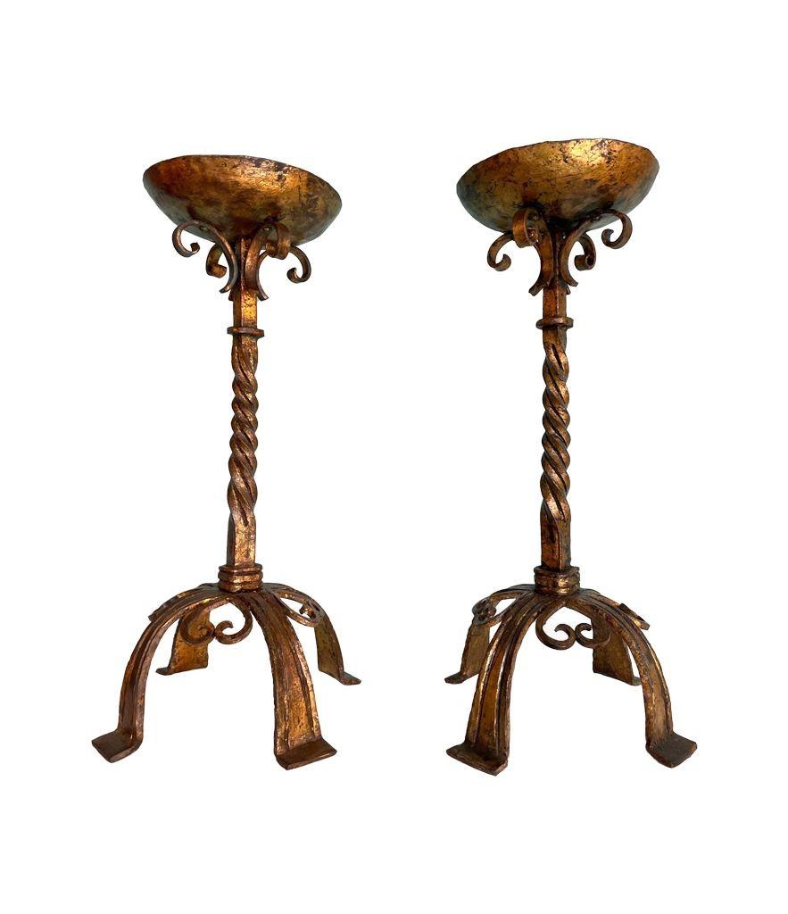 Early 20th Century A pair of 1920s Spanish ecclesiastical gilt wrought iron candle sticks For Sale
