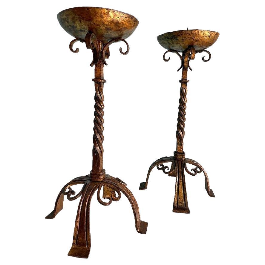 A pair of 1920s Spanish ecclesiastical gilt wrought iron candle sticks For Sale