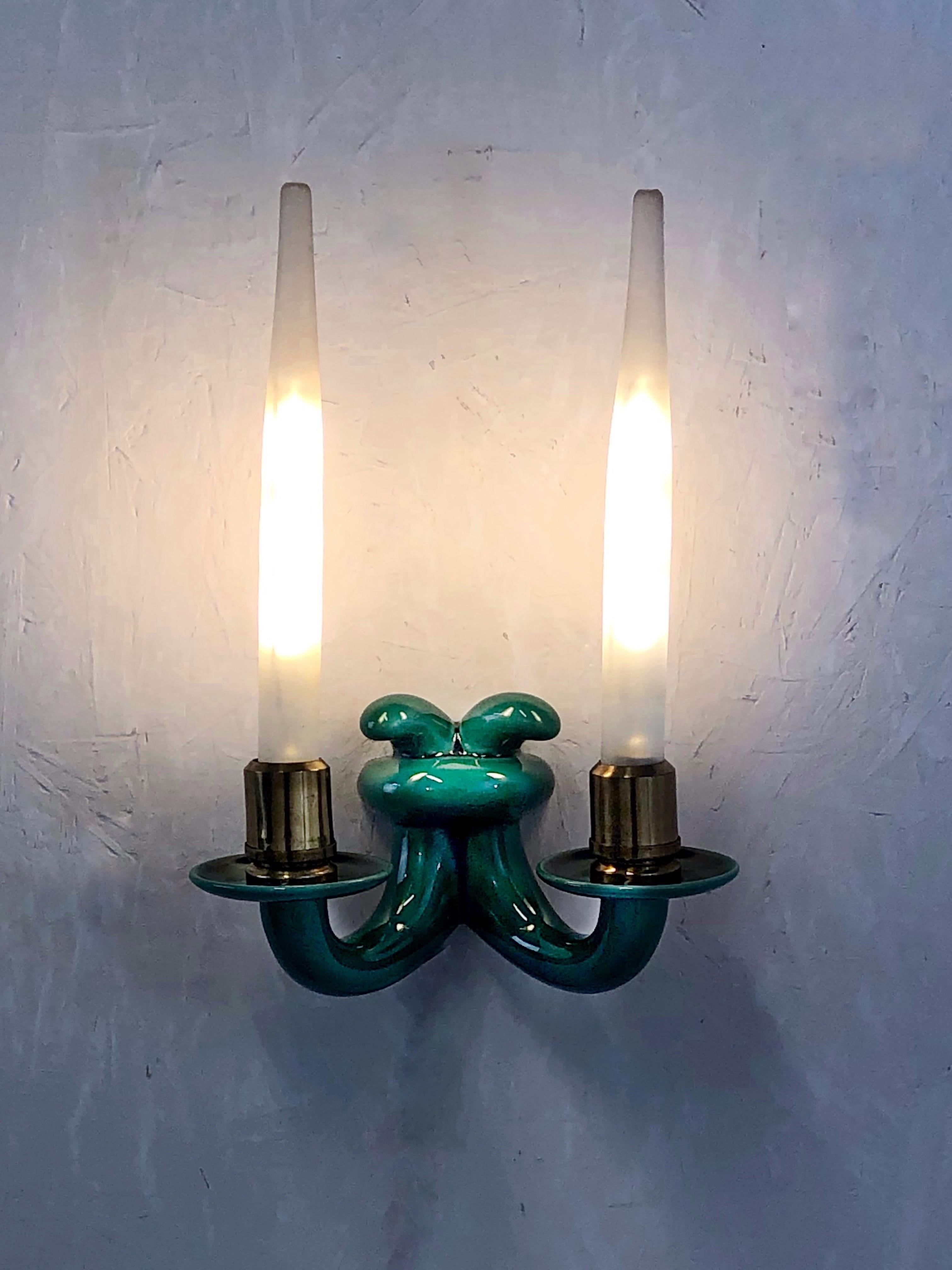 Mid-20th Century A pair of 1930 Sevres porcelain wall sconce lamps from France. For Sale
