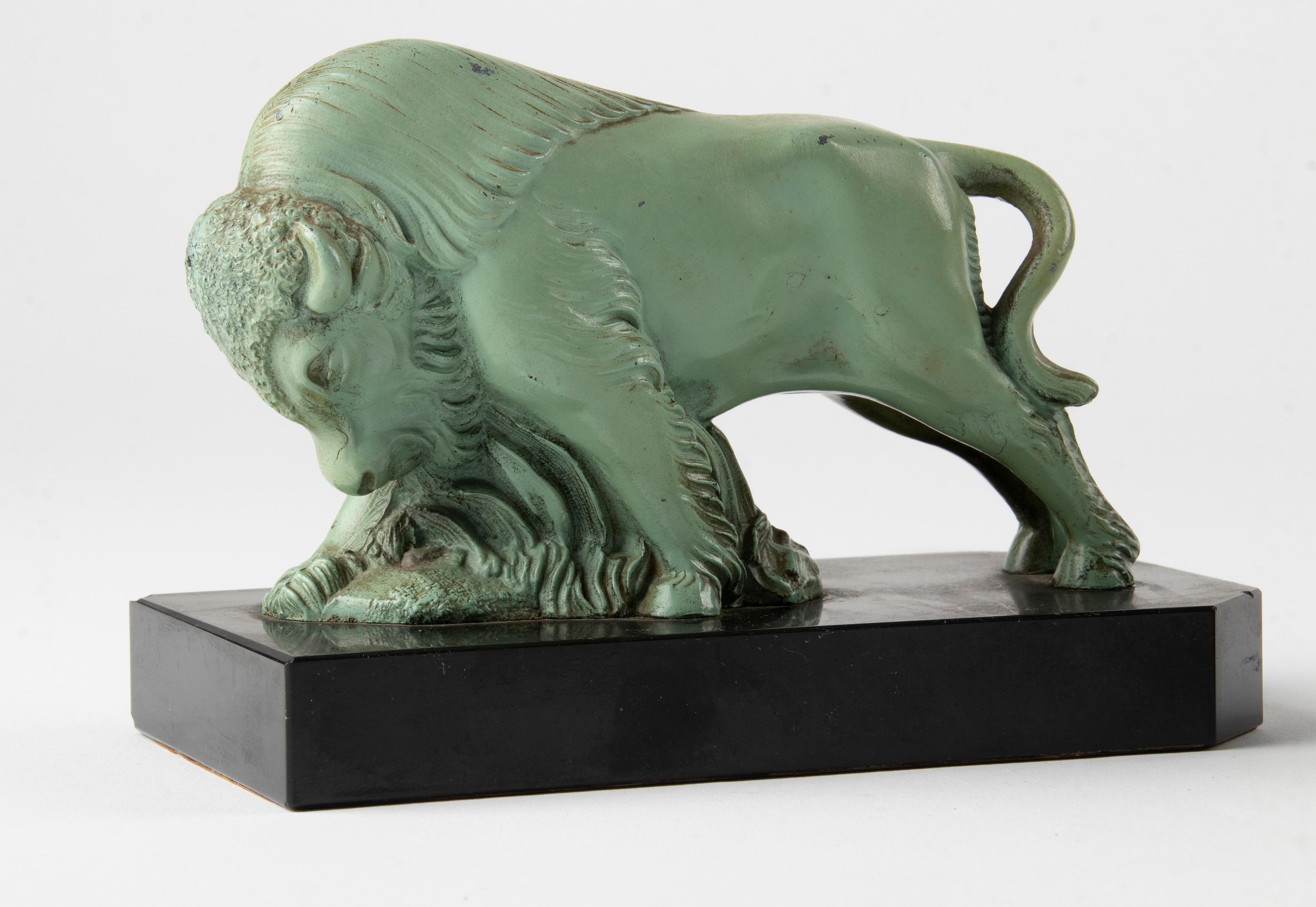 Pair of 1930's Art Deco Book Ends with Bison Made of Marble and Spelter 4