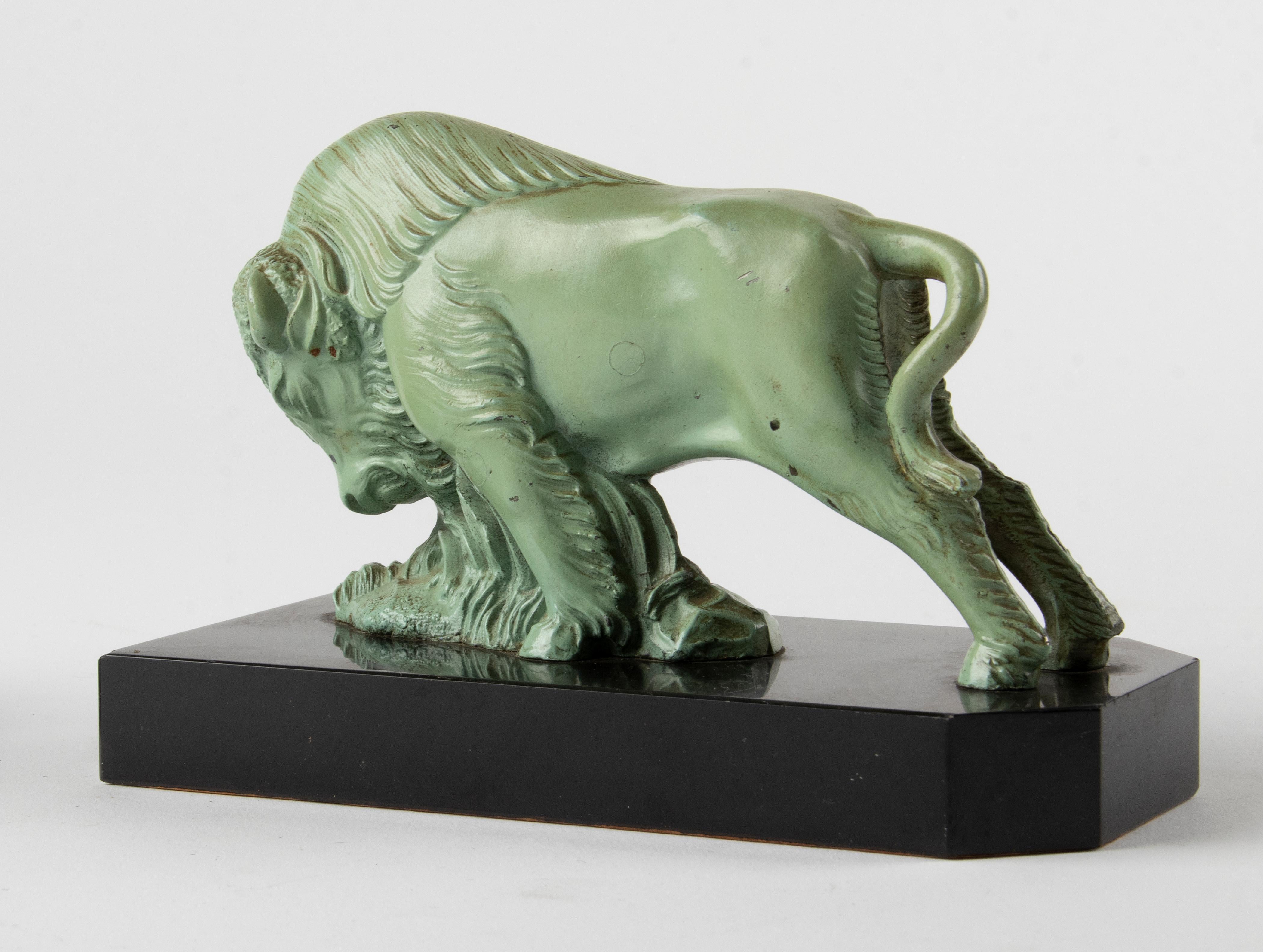 Pair of 1930's Art Deco Book Ends with Bison Made of Marble and Spelter 6