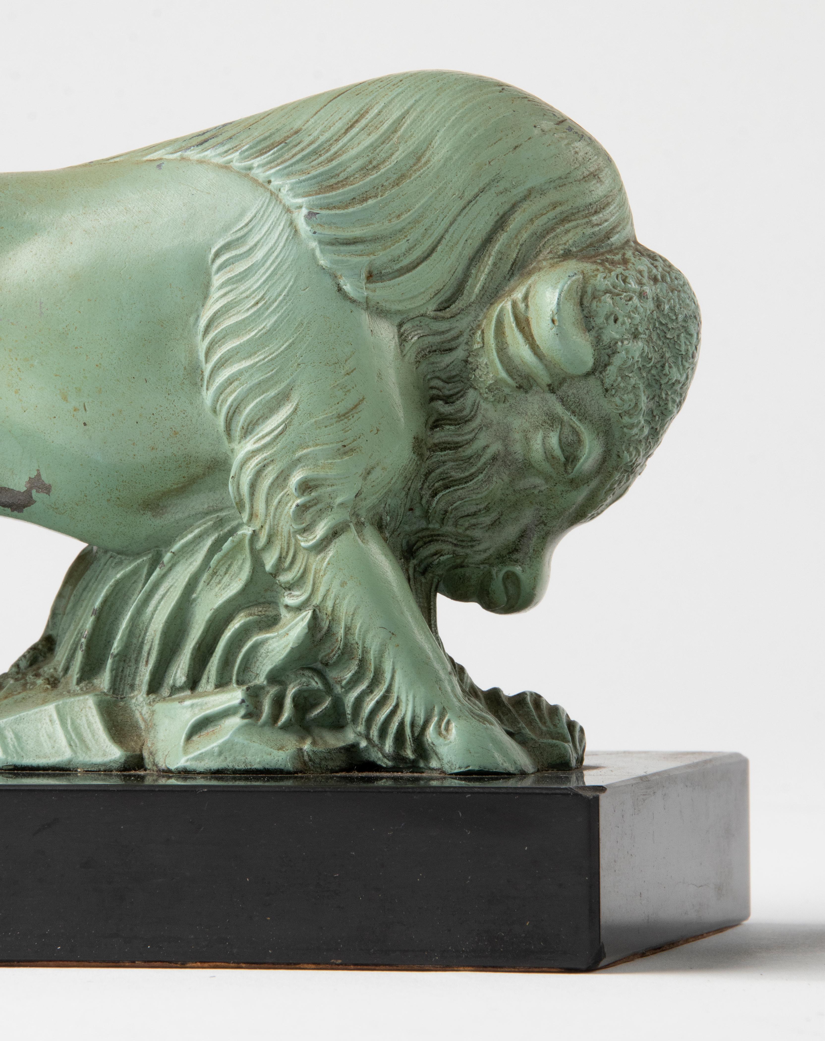 French Pair of 1930's Art Deco Book Ends with Bison Made of Marble and Spelter
