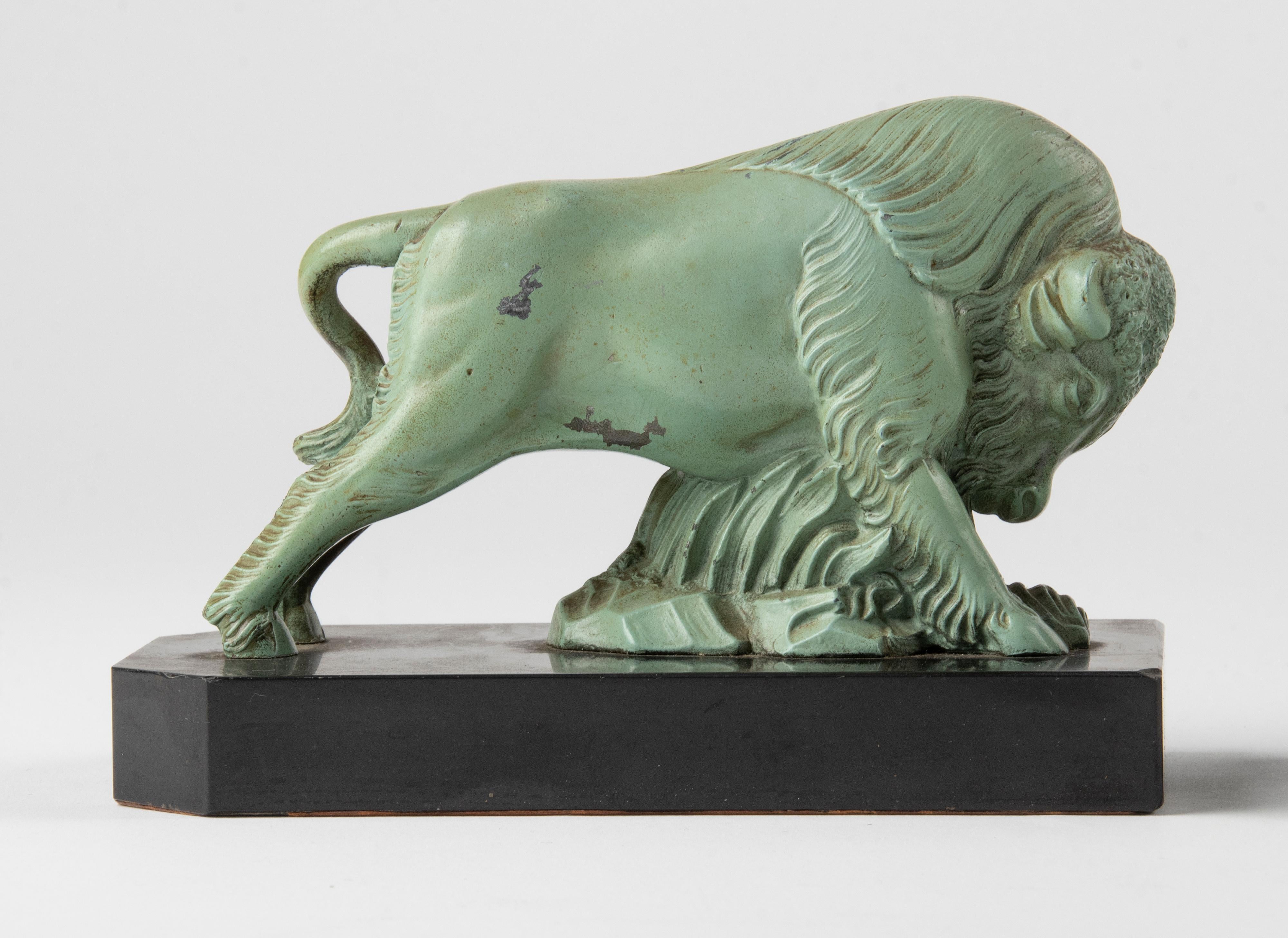 Hand-Crafted Pair of 1930's Art Deco Book Ends with Bison Made of Marble and Spelter