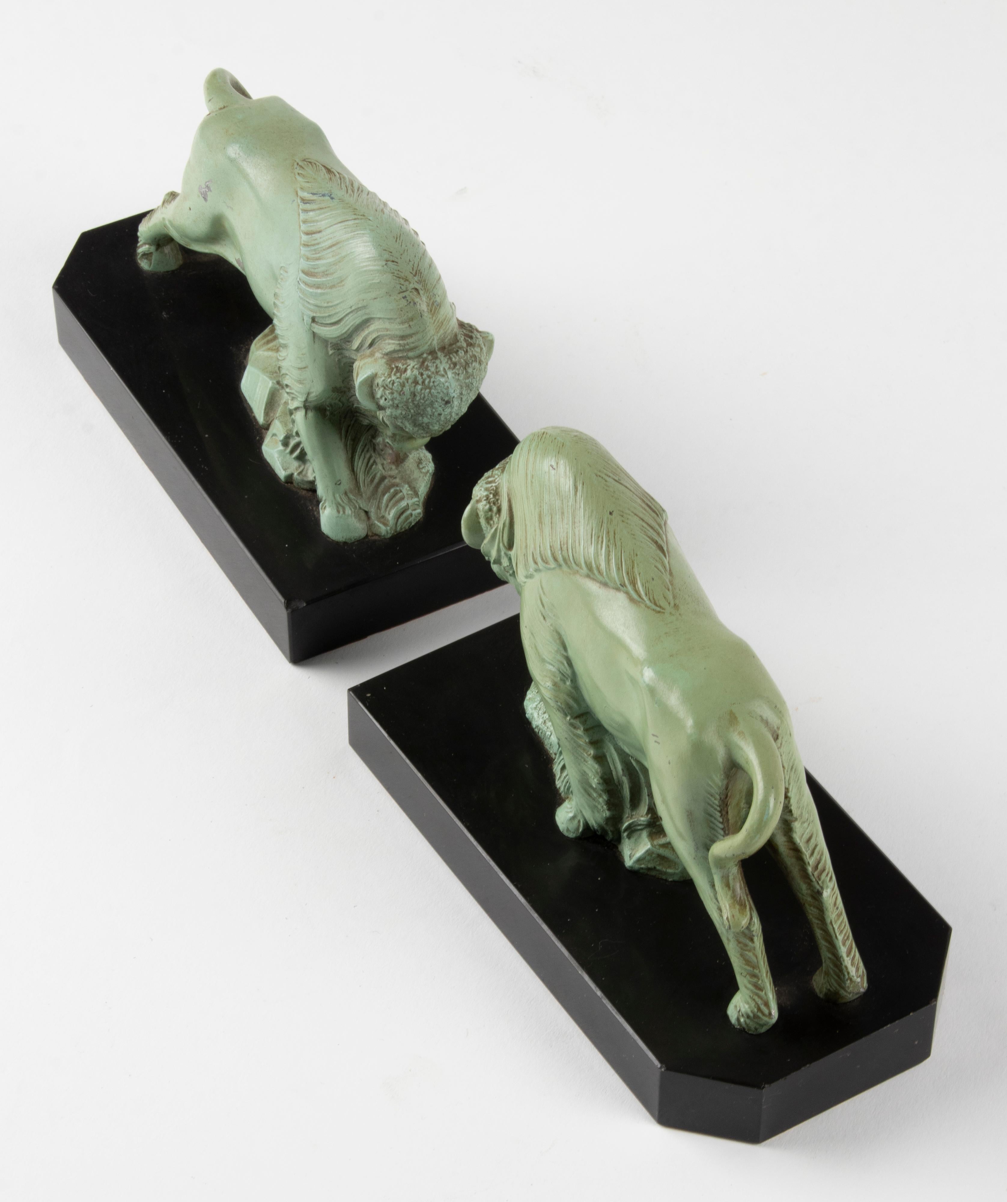 Mid-20th Century Pair of 1930's Art Deco Book Ends with Bison Made of Marble and Spelter