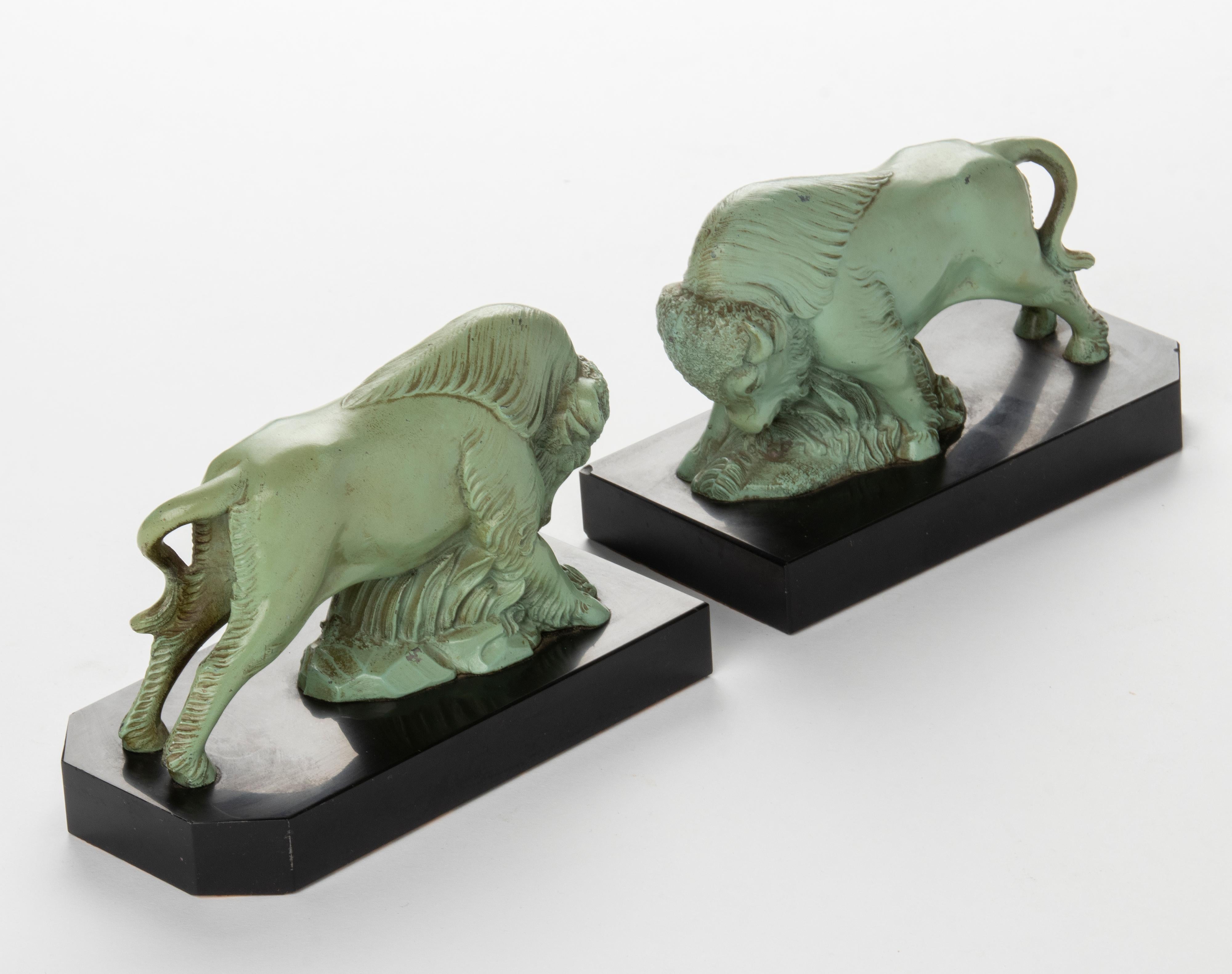 Pair of 1930's Art Deco Book Ends with Bison Made of Marble and Spelter 2