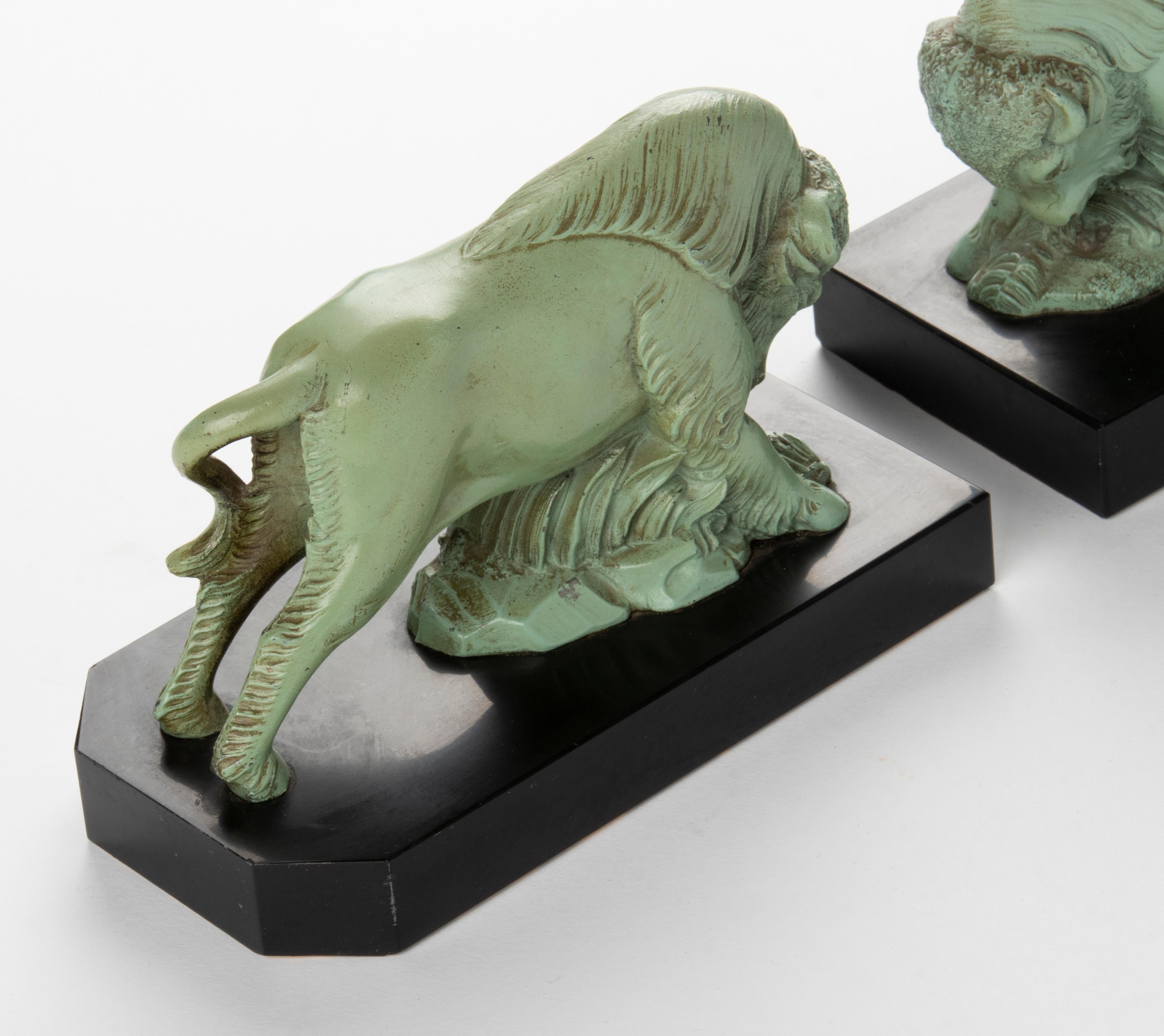 Pair of 1930's Art Deco Book Ends with Bison Made of Marble and Spelter 3